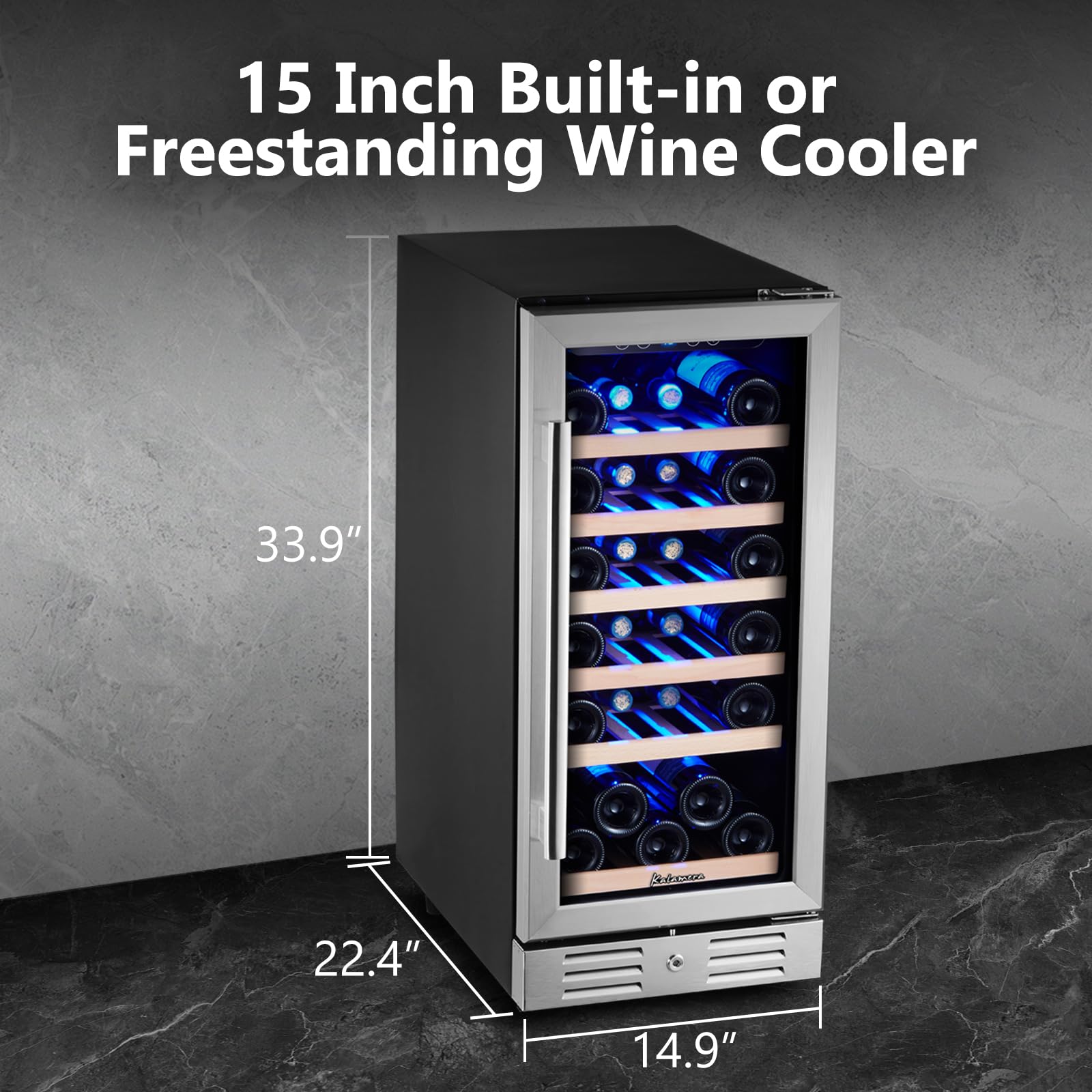 Kalamera 24 inch Wine Cooler, 37 Bottle - Dual Zone Built-in or Freestanding Fridge with Stainless Steel Reversible Glass Door, for Home, Kitchen or Office