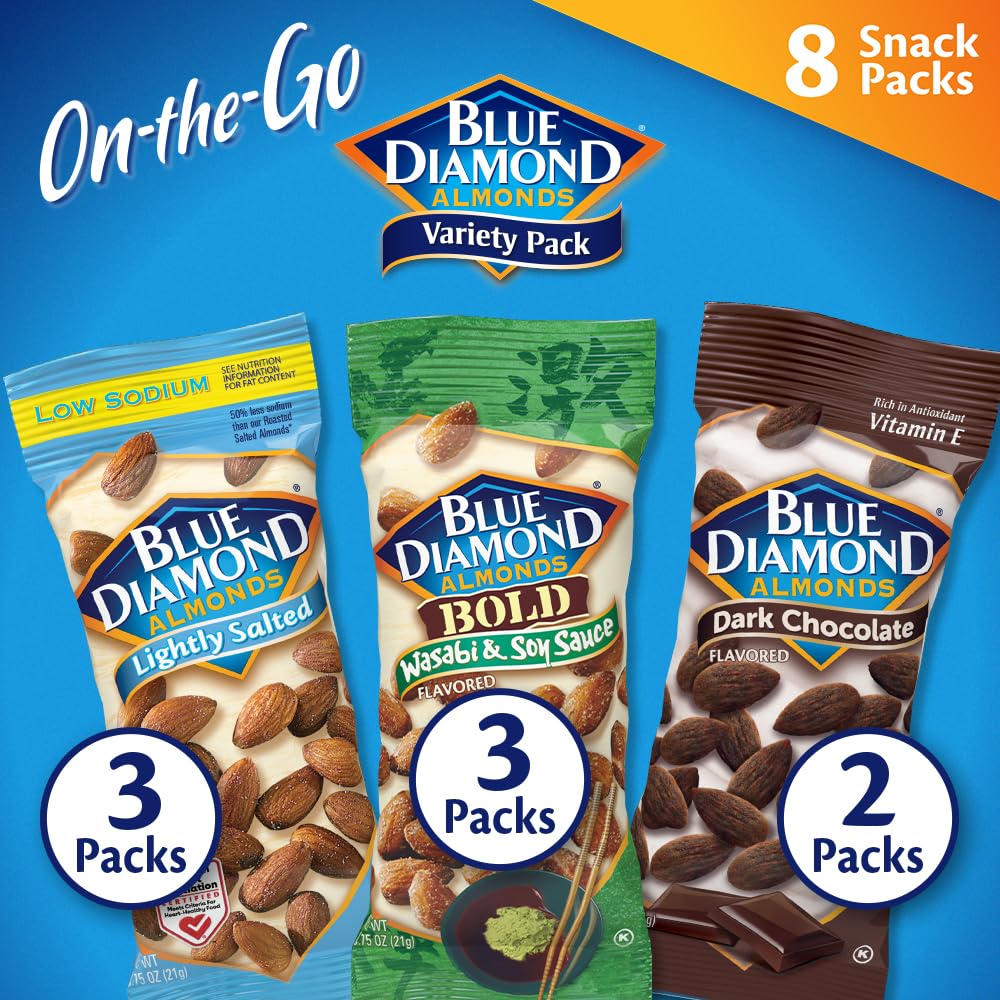 Blue Diamond Almonds Snack Nut Variety Pack for Kids, Office, School, On-the-go, 0.75 oz Gluten Free Individual Packs, Wasabi & Soy Sauce, Lightly Salted, and Smokehouse (Pack of 1,24 Count Total)
