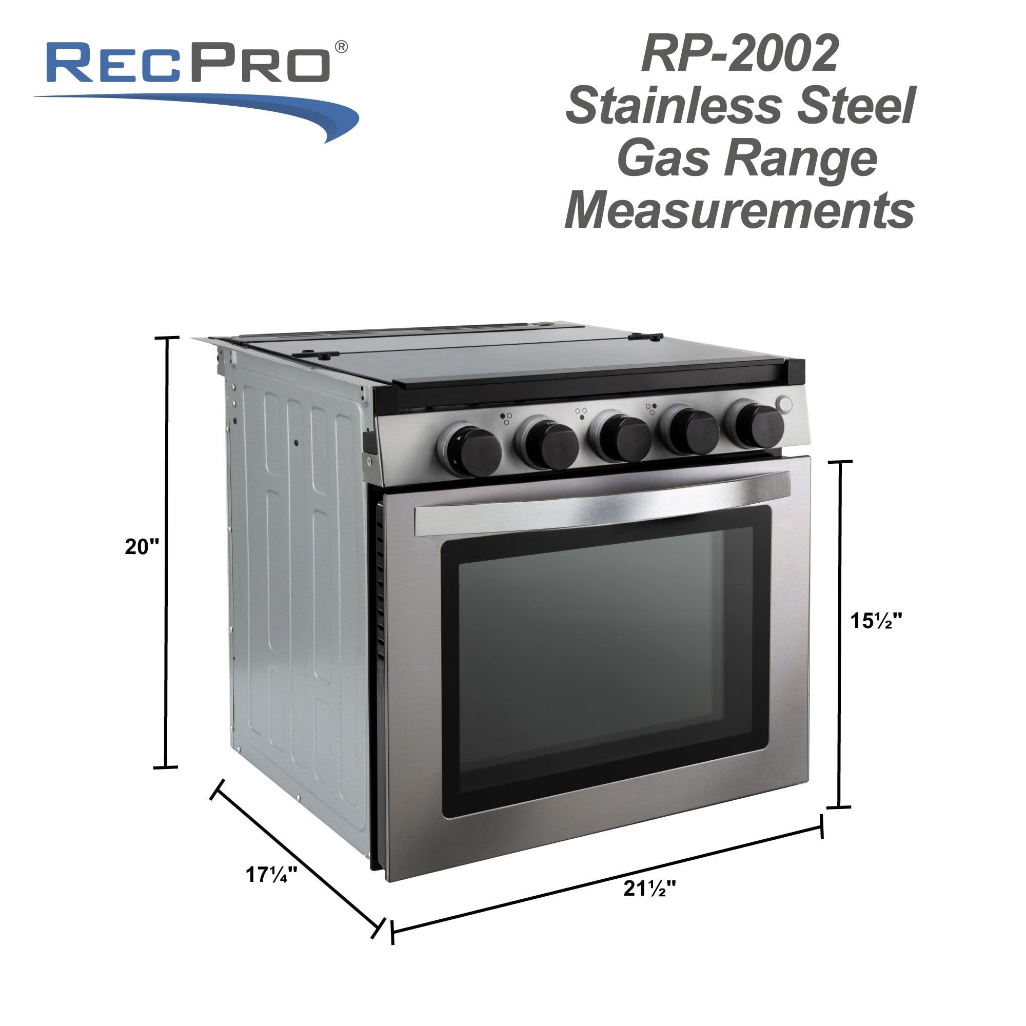 RecPro RV Stove | Gas Range 21" Tall | Optional Vented Range Hood | 3 Burner | 1.8 Cu. Ft | 7100 BTU | Black or Silver Color Options (Silver, No Vented Range Hood)
