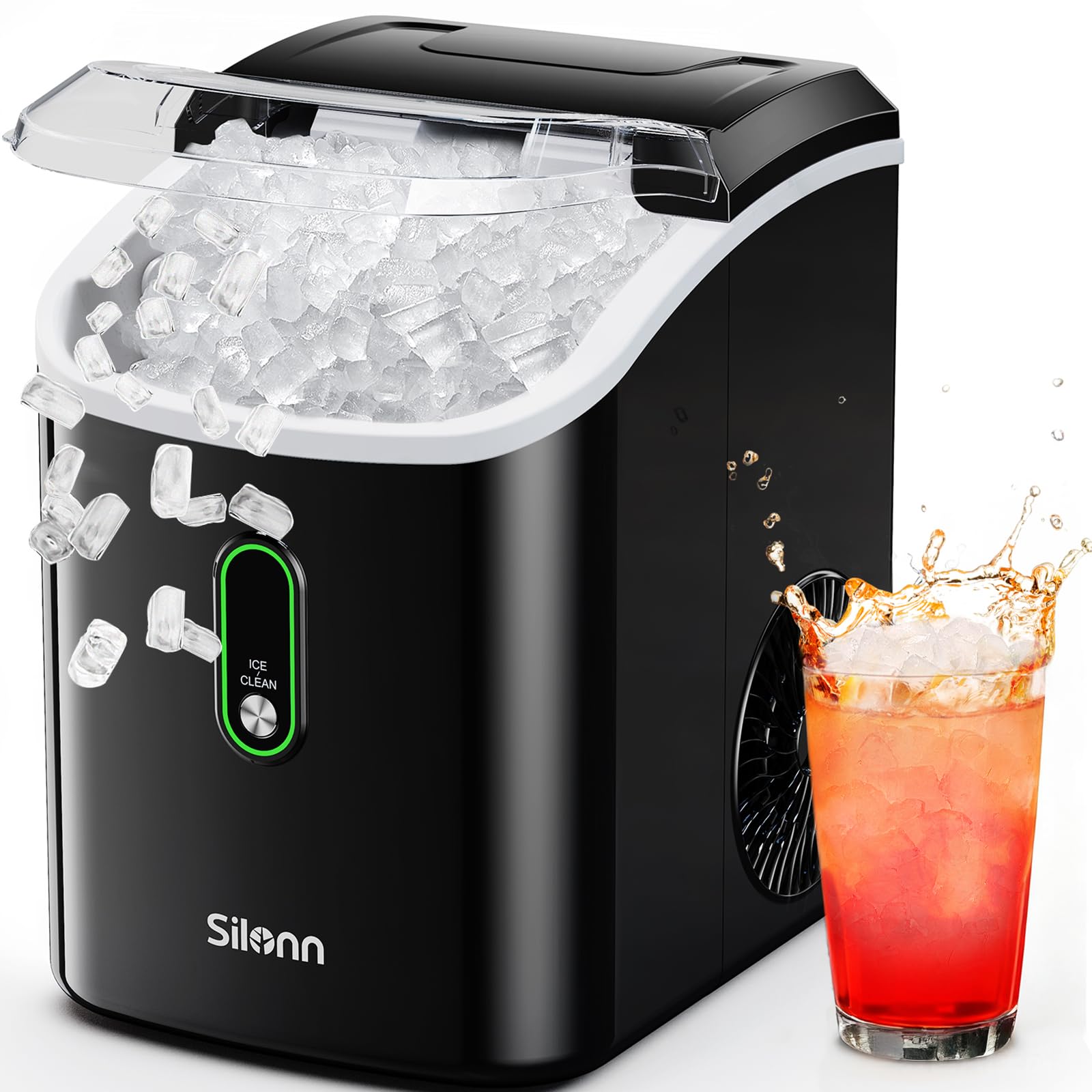 Nugget Ice Maker Countertop, Silonn Chewable Pellet Ice Machine with Self-Cleanin Function, 36lbs/24H Portable Ice Makers for Home Kitchen Officce, Black
