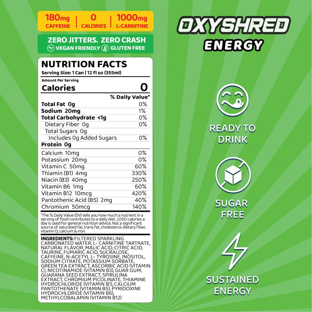 EHP Labs OxyShred Healthy Energy Drink - Zero Sugar Energy Drinks with Amino Acids, Green Tea Extract, Vitamin C & L Carnitine - Zero Carbs, Zero Calories, Clean Caffeine, Bahama Breeze (12-Pack)