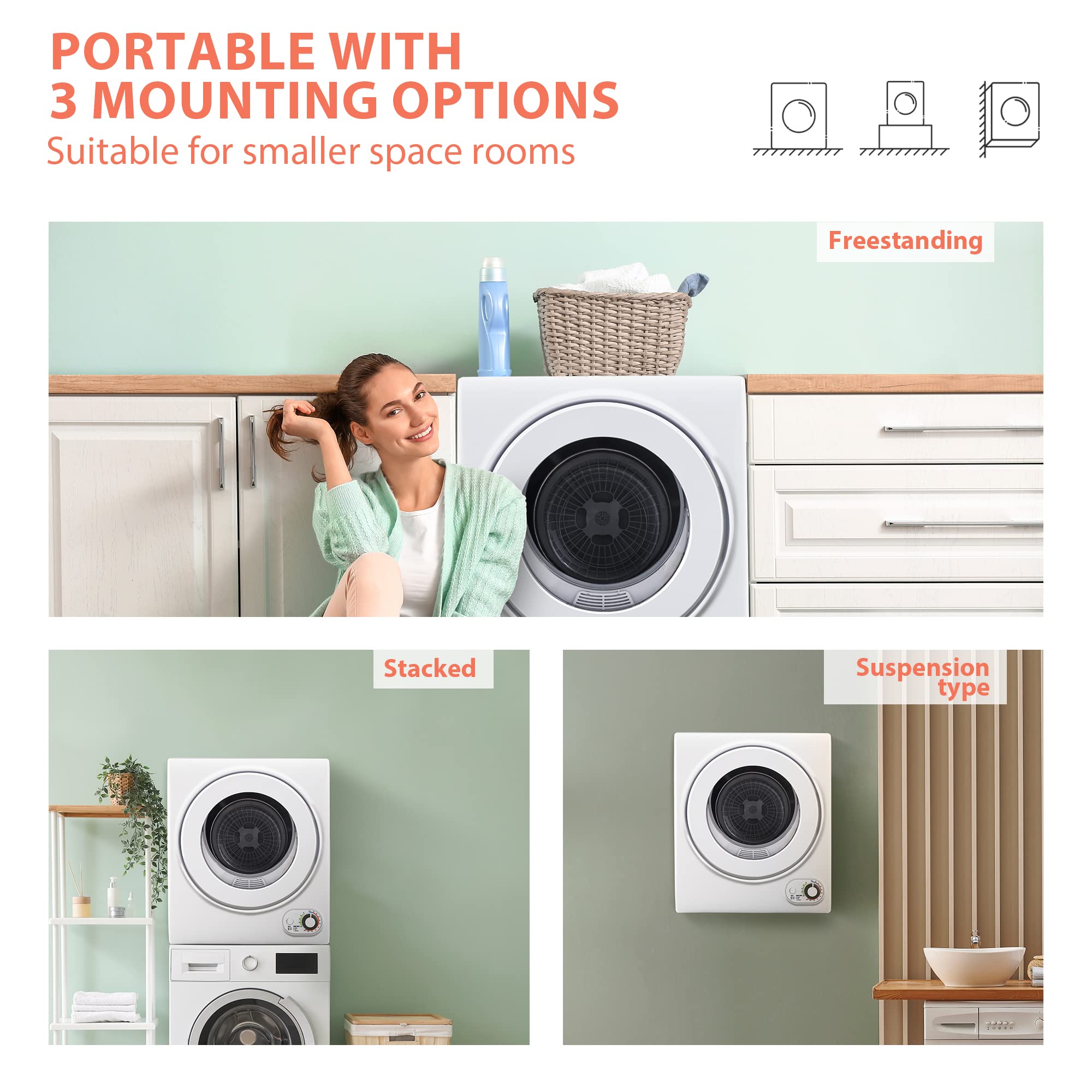 Euhomy Compact Laundry Dryer, 3.5 cu ft Front Load Stainless Steel Clothes Dryers With Exhaust Pipe, 1500W, LCD Control Panel Four-Function Portable Dryer For Apartments, Home, Dorm, White