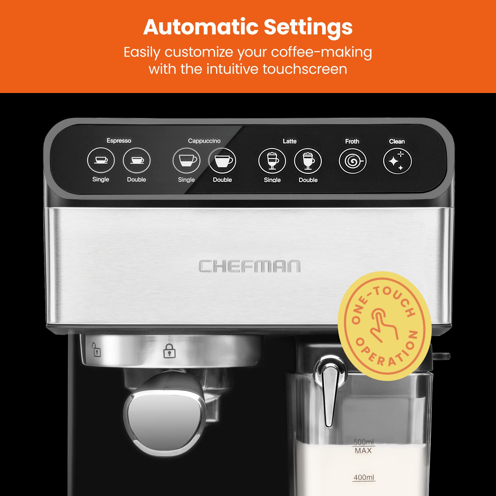 Chefman Crema Deluxe Espresso Machine with Double Boiler, Use Milk Frother and Brew Espresso Simultaneously, Professional Coffee Maker with Coffee Grinder and Steam Wand, 30 Grind Settings