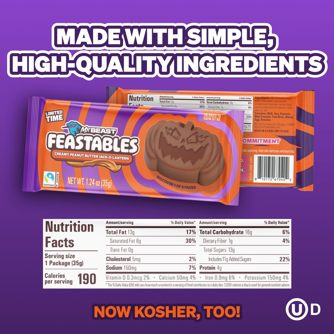 Feastables MrBeast Peanut Butter Jack-O-Lantern, Milk Chocolate & Creamy Peanut Butter Filling, Cups for Adults & Kids, Chocolate Candy for Halloween Snacks, Made With Fairtrade Cocoa, 30 Count
