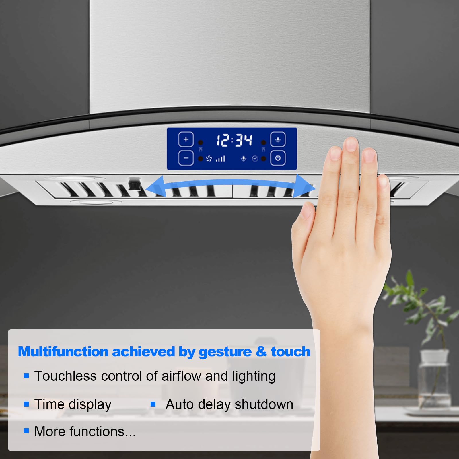 JOEAONZ Island Range Hood 30 Inch 700 CFM Gesture & Touch Control Ceiling Mount Stainless Steel Kitchen Vent Hood, Kitchen Exhaust Hood, Ducted/Ductless Convertible 3-speed Ventilation Fan Switchable