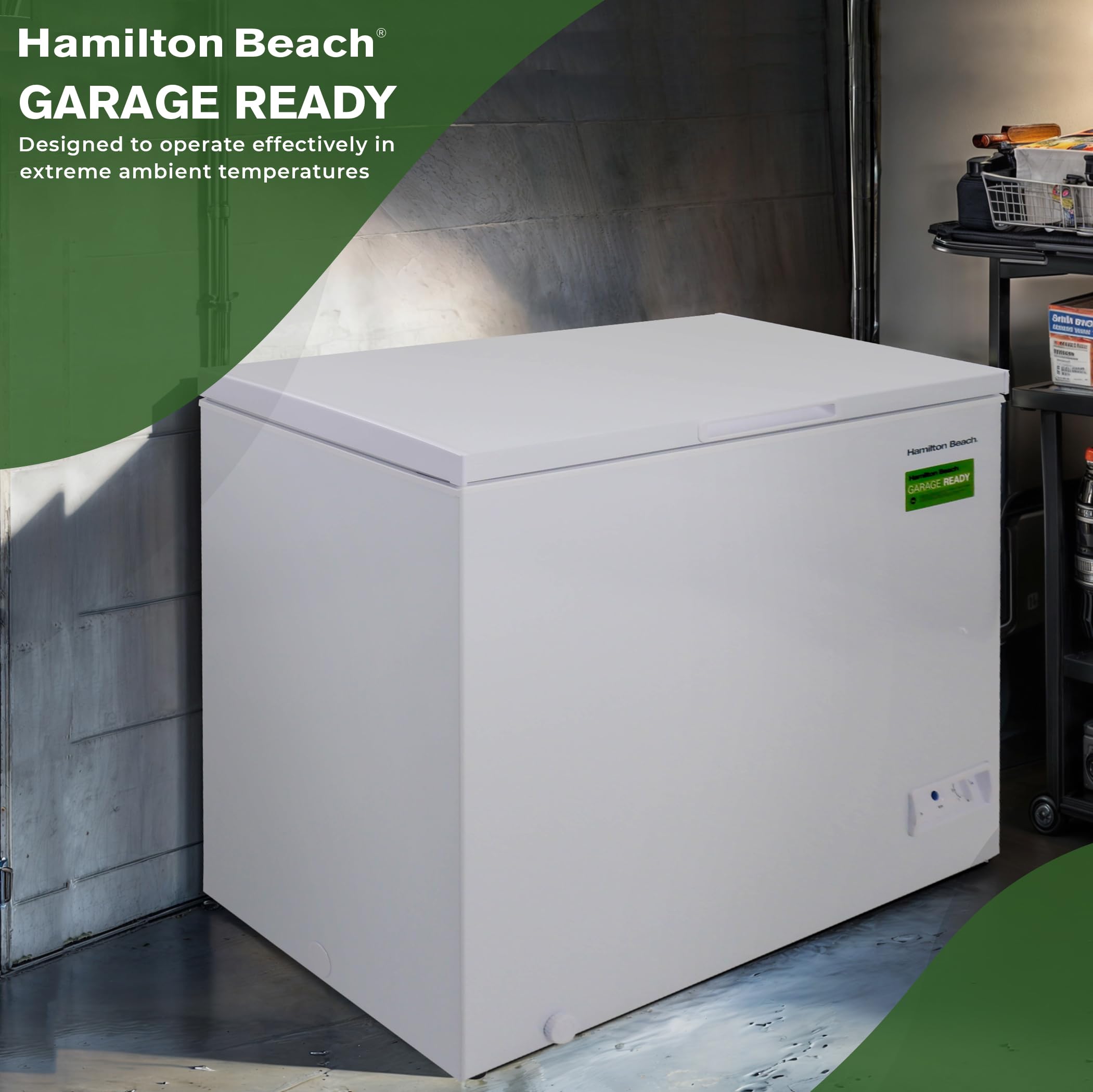Hamilton Beach HBFRF2129 21 cu ft Double Door LID Garage-Ready Chest Freezer-White, Vinyl-Coated Baskets, Space-Saving Flat Back, Stay-Open, Front-Access Drain, for Storage, Hunting, Large Family