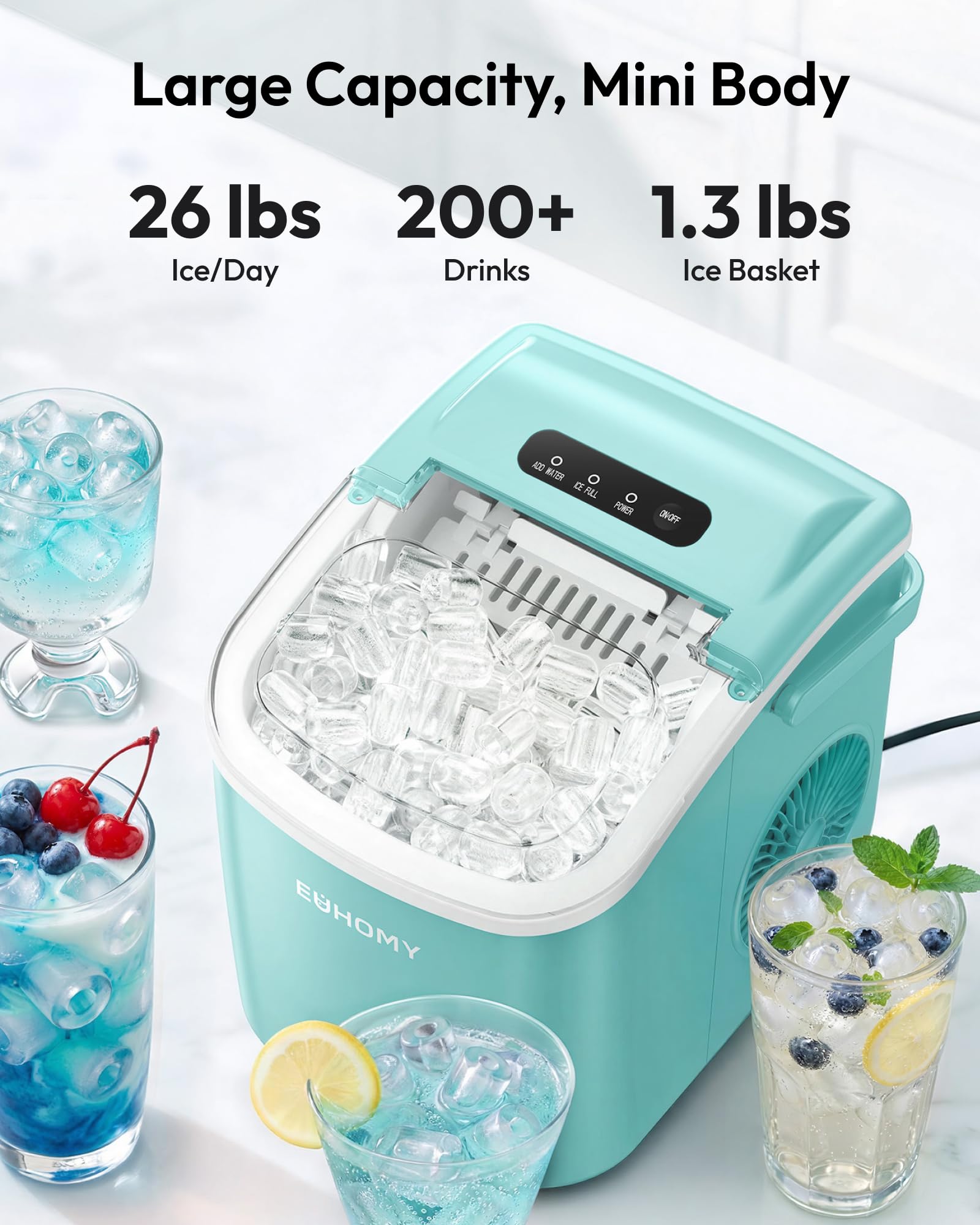 EUHOMY Countertop Ice Maker Machine with Handle, 26lbs in 24Hrs, 9 Ice Cubes Ready in 6 Mins, Auto-Cleaning Portable Ice Maker with Basket and Scoop, for Home/Kitchen/Camping/RV. (Black)