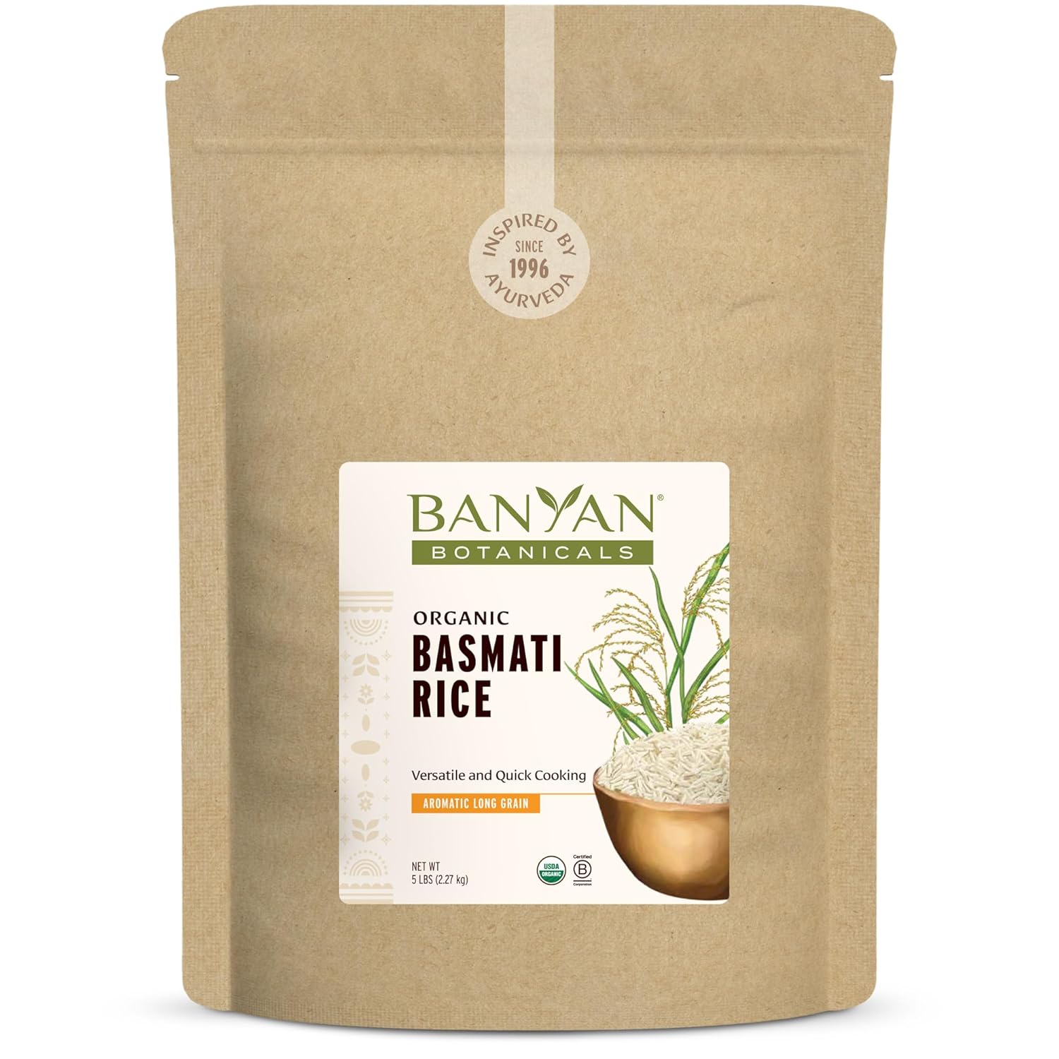 Banyan Botanicals White Basmati Rice – Organic & Pure Basmati Rice for Cooking Healthy Meals and Making Kitchari – With Resealable Zipper Bag – 2 lbs – Non-GMO Sustainably Sourced Vegan