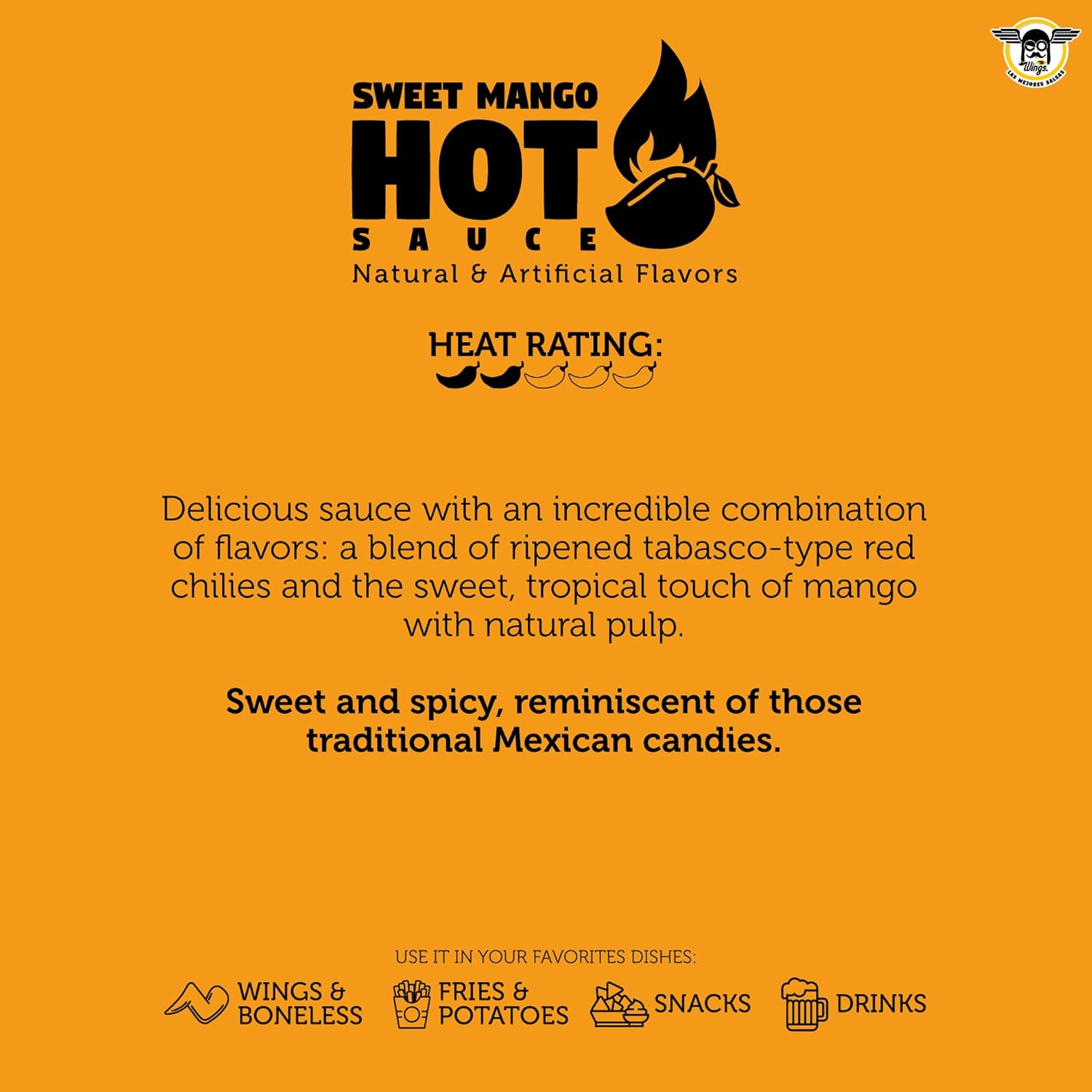 Mr Wings Sweet Mango Mild Sauce 1 Gallon (128 Fl Oz). Sweet and spicy delight, perfect for boneless, fries, drinks and your favorite snacks. Big sauce bulk.
