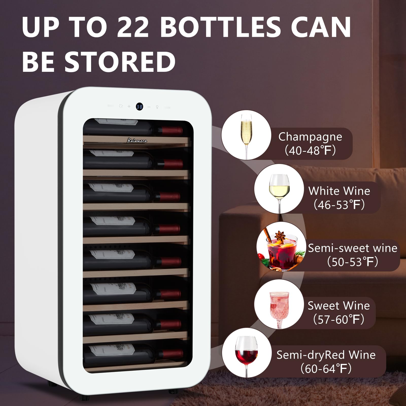 Kalamera 24 inch Wine Cooler, 37 Bottle - Dual Zone Built-in or Freestanding Fridge with Stainless Steel Reversible Glass Door, for Home, Kitchen or Office