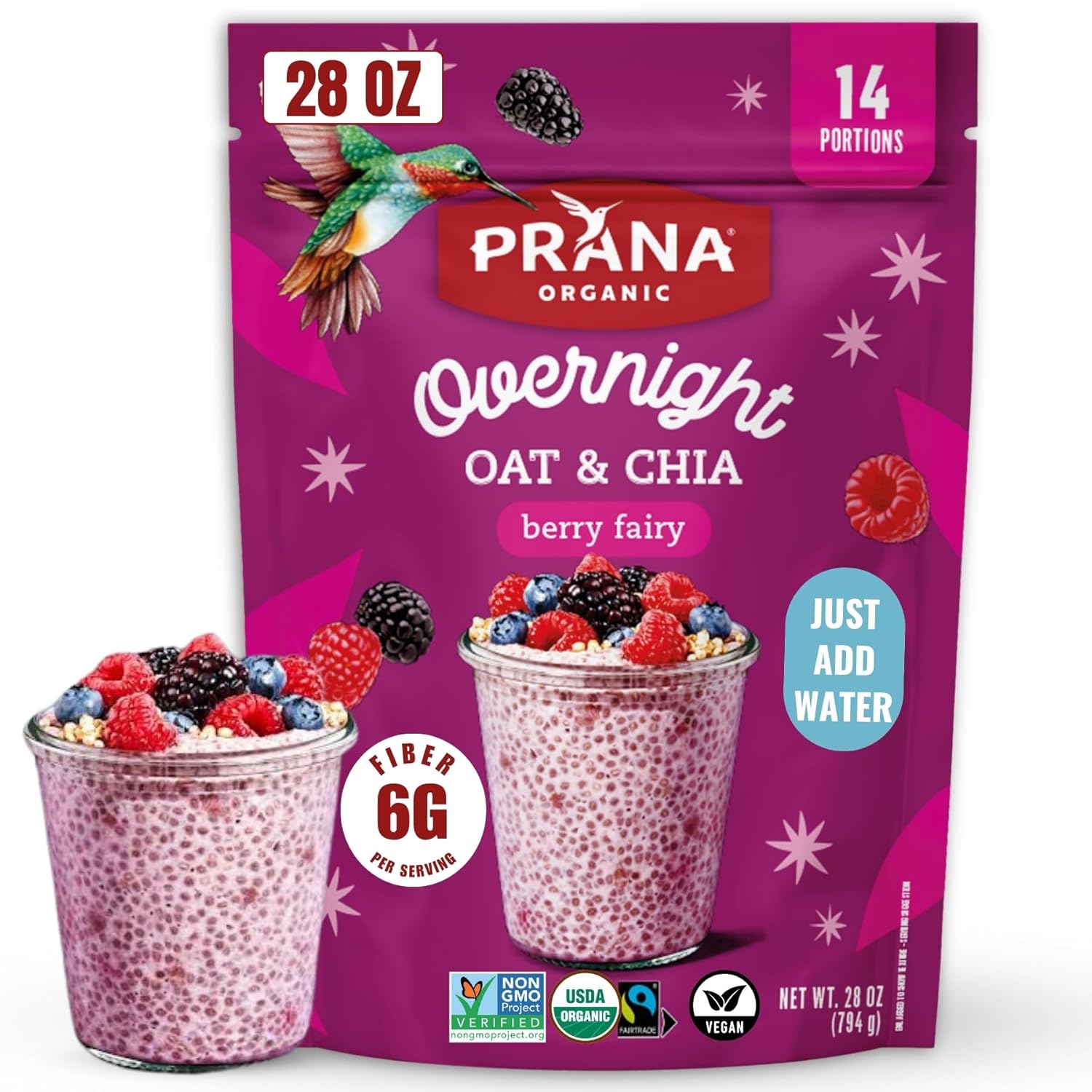 Prana Organic Overnight Chia with Oats Berry Fairy | Rich in Fiber & Protein, Vegan, Non-GMO | Ready to Eat Breakfast - 28 oz Bags - 2 Pack