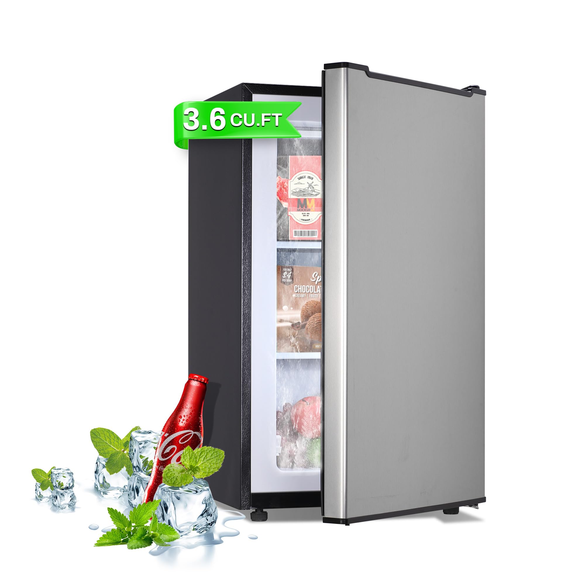 Mini Upright freezer 3.6 Cubic Feet Mini Freezer, Single Door Compact Freezer with Reversible Stainless Steel Door, 3-Speed Temperature Adjustment Small freezer for Home, Glossy Silver