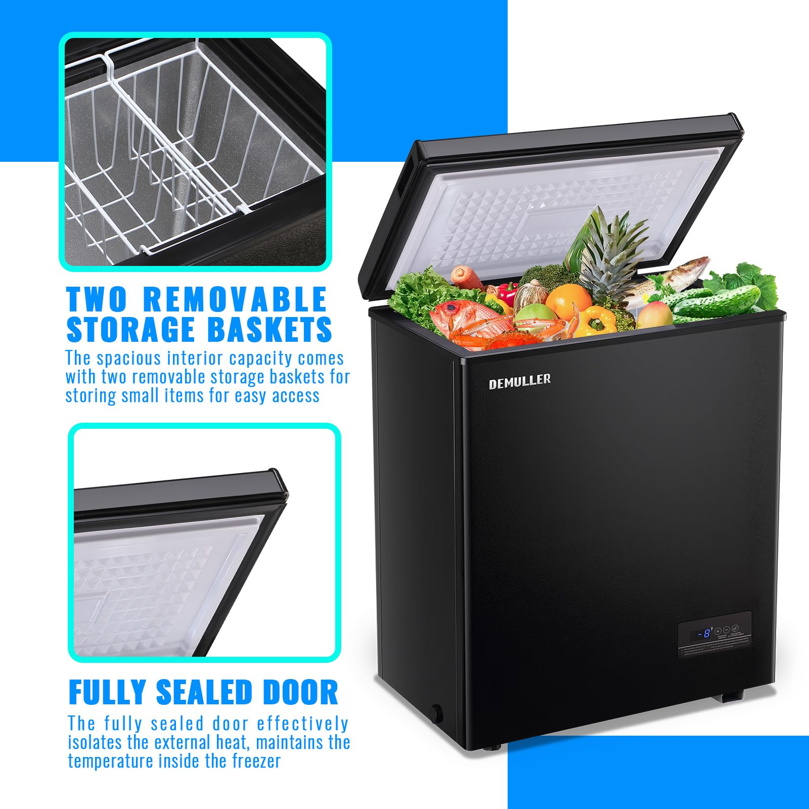 Mini Chest Freezer Compact Deep Freezing Machine with Electronic Temperature Control (Accurate to 1 ℉) Freestanding Small Freezer with 2 Removable Storage Baskets Black