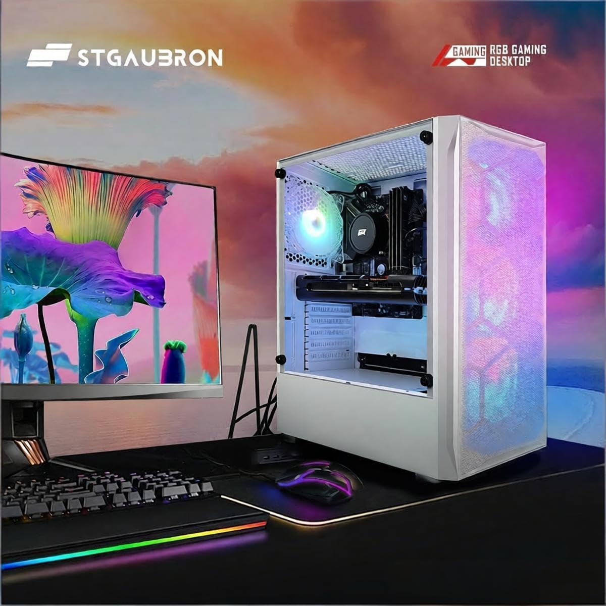 STGAubron Gaming PC Desktop Computer, Intel Core i7 up to 3.9GHz, Radeon RX 580 8G, 16G RAM, 512G SSD, WiFi 6, BT 5.0, RGB Fan x4, Windows 11 Home