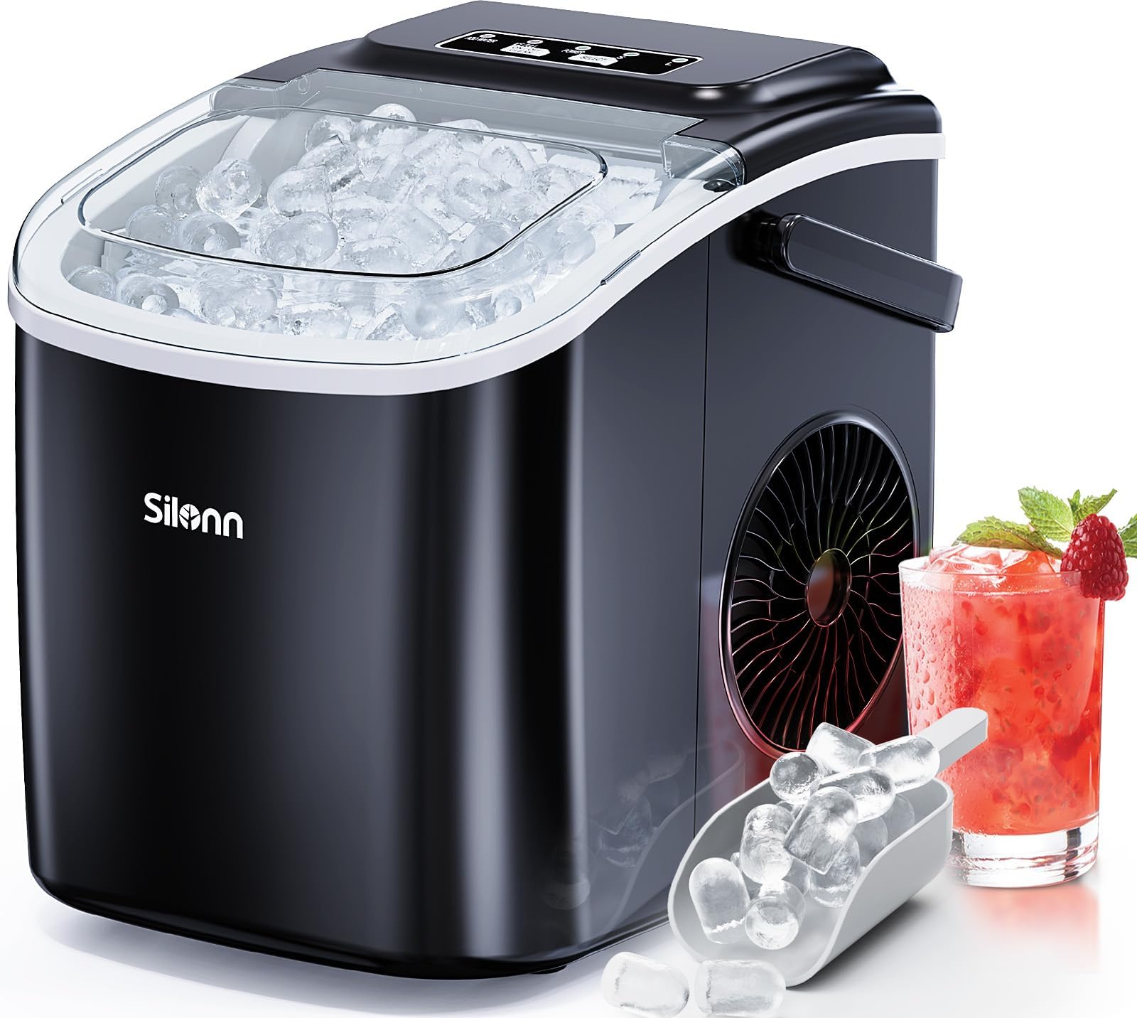 Silonn Ice Maker Countertop, Portable Ice Machine with Carry Handle, Self-Cleaning Ice Makers with Basket and Scoop, 9 Cubes in 6 Mins, 26 lbs per Day, Ideal for Home, Kitchen, Camping, RV