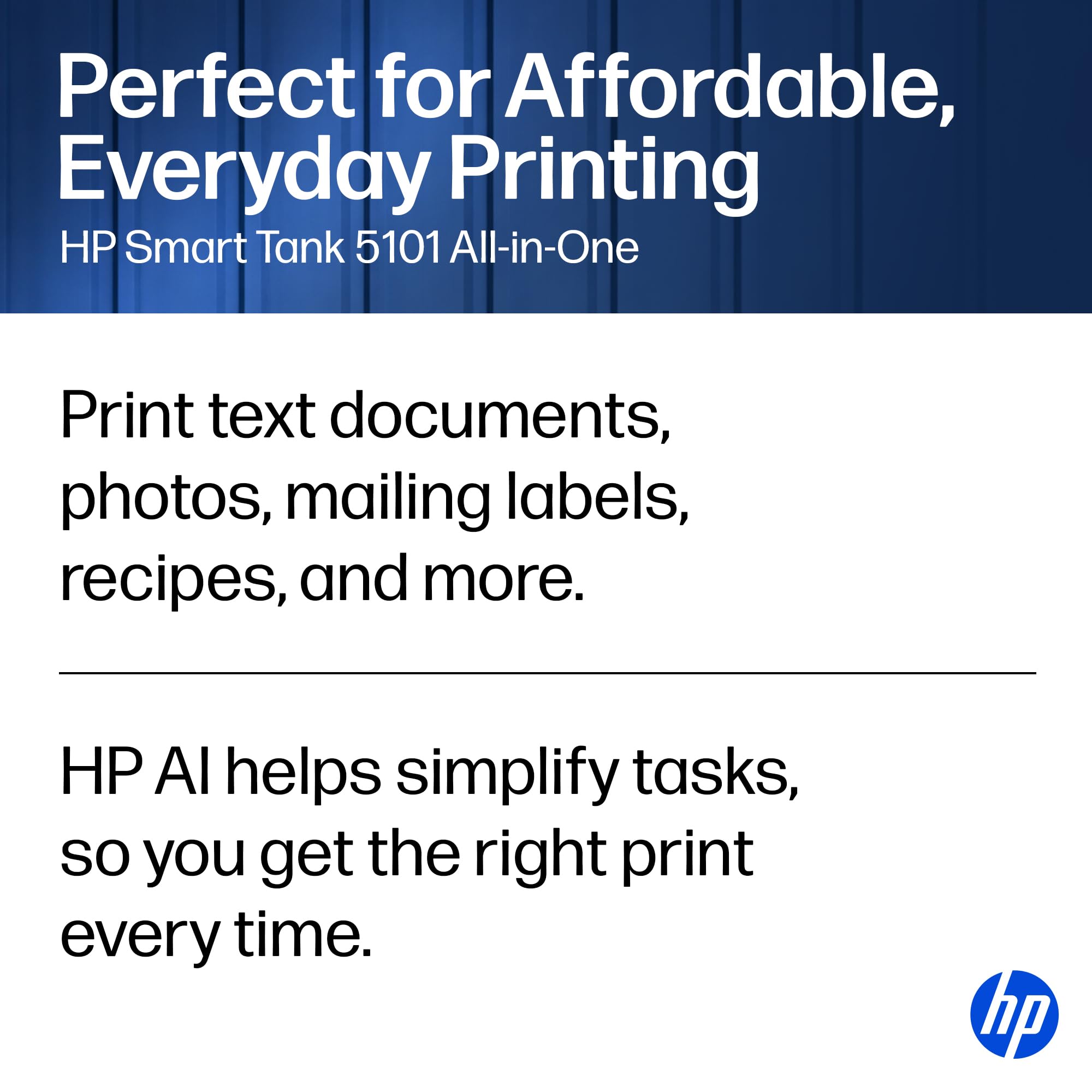 HP Smart Tank 5101 Wireless All-in-One Refillable Printer, Scanner, Copier with 2 Years of Ink Included, Wireless (2.4ghz only) Printer-for-Home use (1F3Y0A)
