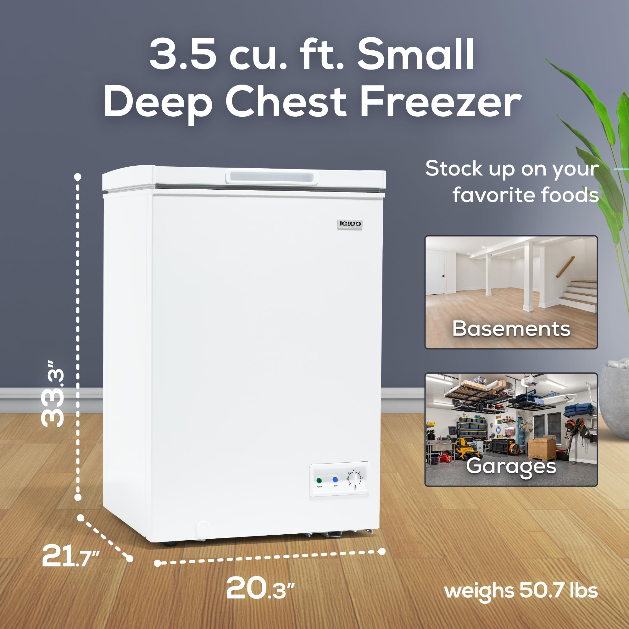 Igloo 3.5 Cu Ft. Upright Deep Freezer Chest- Deep Freezer with Quick Freezing System & Adjustable Thermostat- Low Noise Freezer with Removable Basket & LED Lights for Homes, Garages & Basements- Black