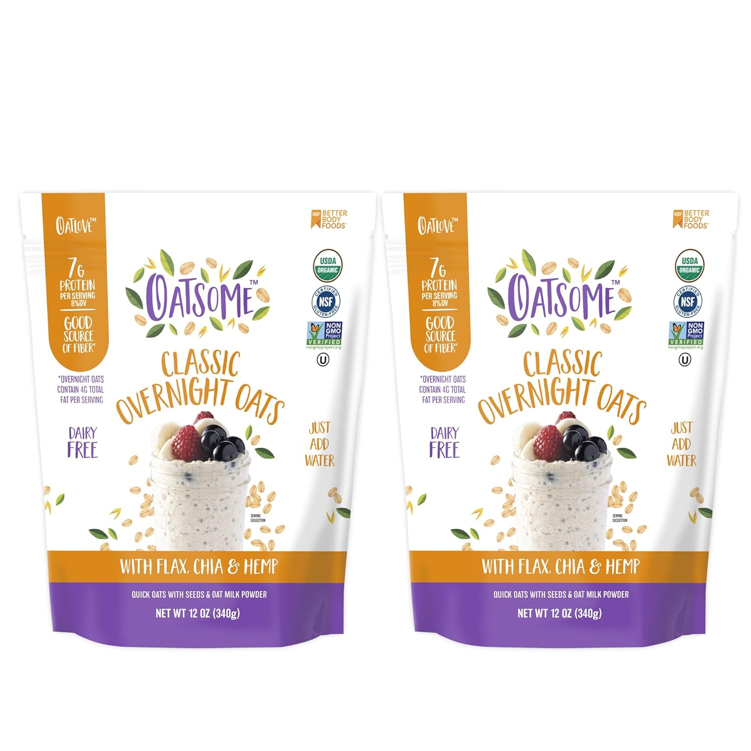 Oatsome Organic Overnight Oats with Chia, Flax, & Hemp, Gluten-Free Oatmeal with 7g of Protein, 2 lb 8 oz (40oz) Bag