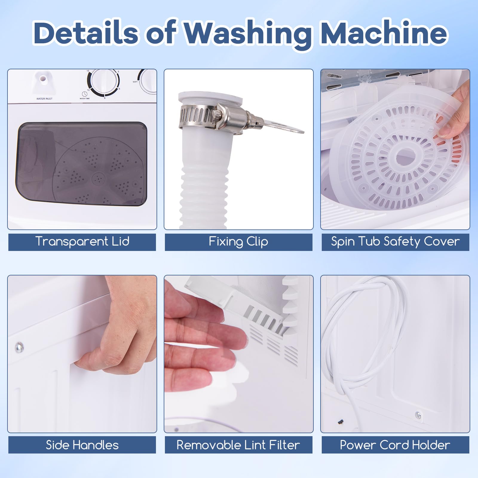 Giantex Portable Mini Compact Twin Tub Washing Machine 20lbs Washer Spain Spinner Portable Washing Machine, Blue+ White