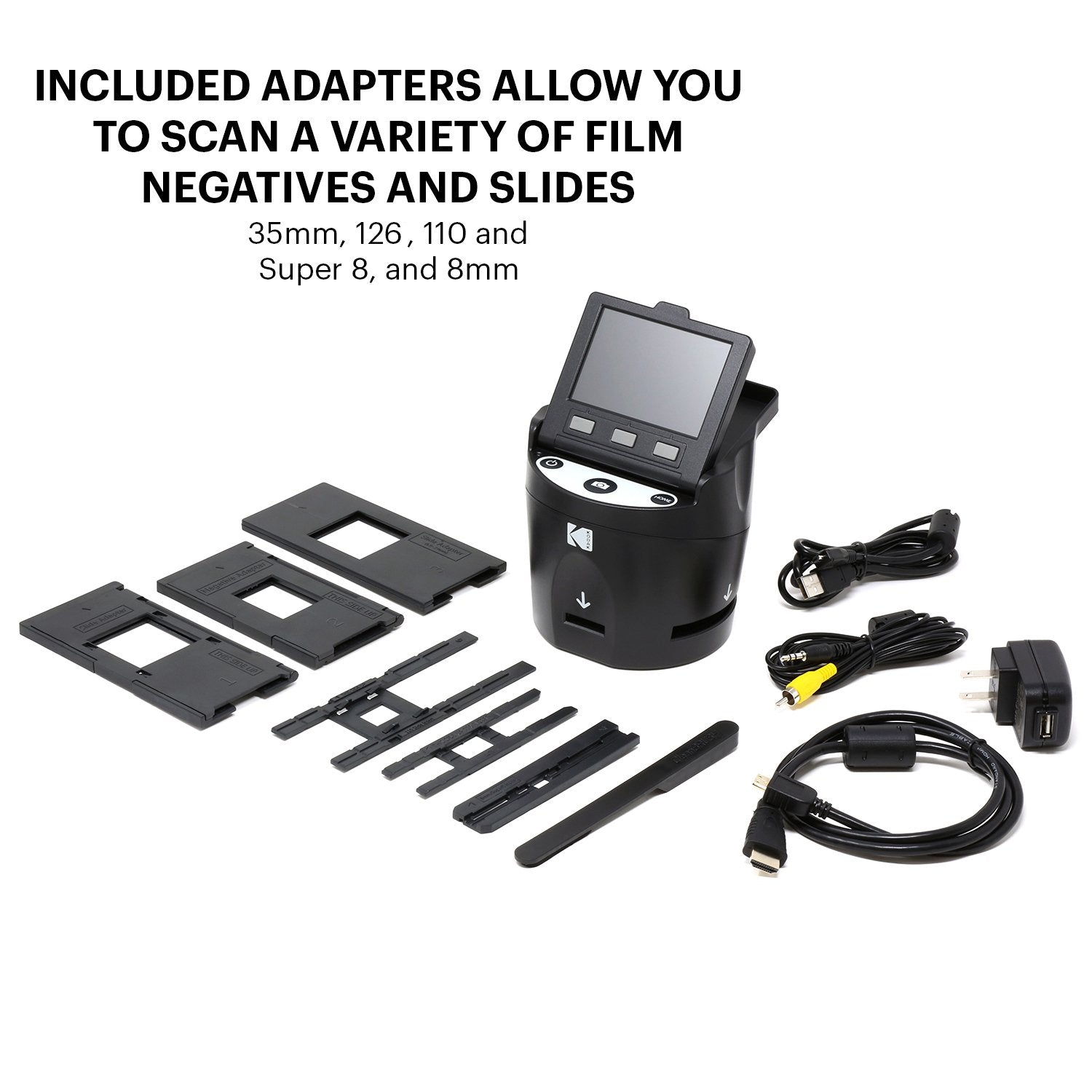 Kodak SCANZA Digital Film & Slide Scanner – Converts 35mm, 126, 110, Super 8 & 8mm Film to JPEG with 3.5" LCD, Easy-Load Inserts & Adapters