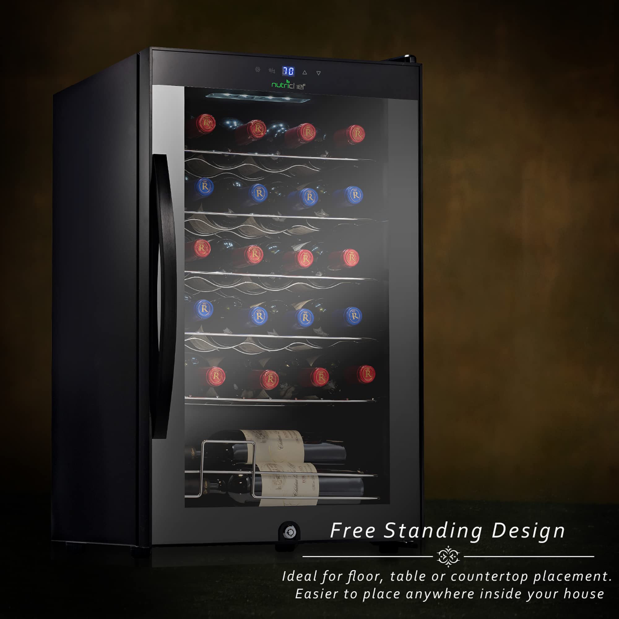 Nutrichef 12 Bottle Stainless Steel Slim Wine Fridge | Red & White Wine Chiller | Adjustable Temperature Control, Ultra Quiet Operation & Energy Efficient | Mini Wine Cooler Refrigerator | 31x10x17 IN