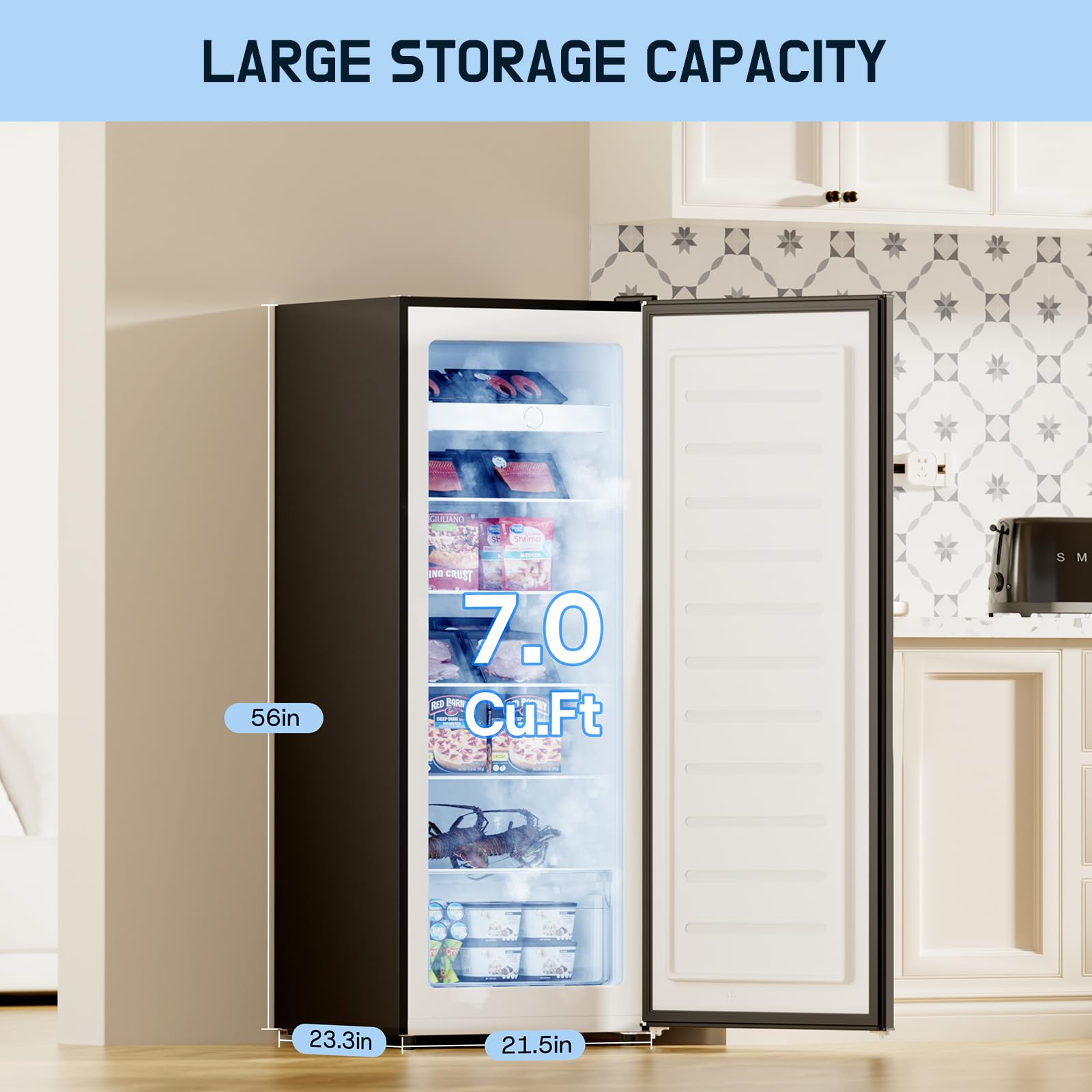 Upstreman 7.0 Cu.Ft Upright Freezer, Large Capacity Stand Up Freezer with 5 Adjustable Shelves, Convertible Refrigerator/Freezer, Reversible Door for Home, Basement, Apartment (White)