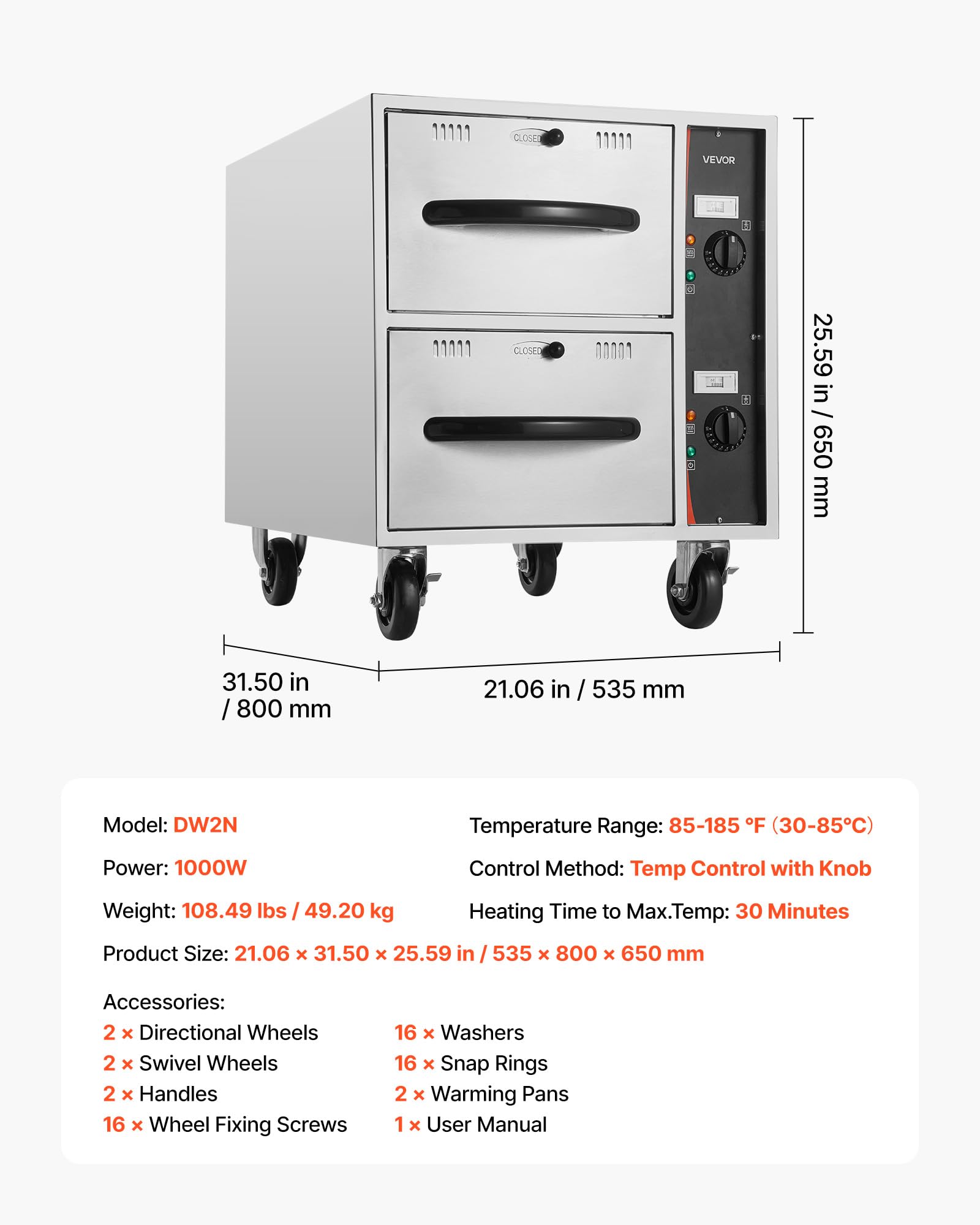 VEVOR Commercial Electric Drawer Warmer, Single-Drawer Stainless Steel Food Warmer, Freestanding Slim Warming Drawer Cabinet, 85°F–185°F Wide Temperature Range, for Restaurant, Hotel, Bakery & Kitchen