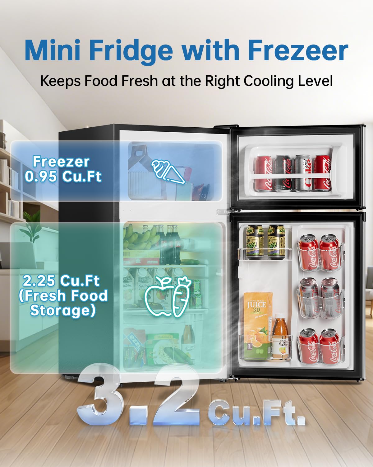 Frostorm 3.2 Cu Ft Mini Fridge with Freezer - Energy Efficient, Large Capacity Single Door Upright Freezer for Bedroom, Office & Dorm | Small Fridge, Reversible Door, ETL Certified(Black)