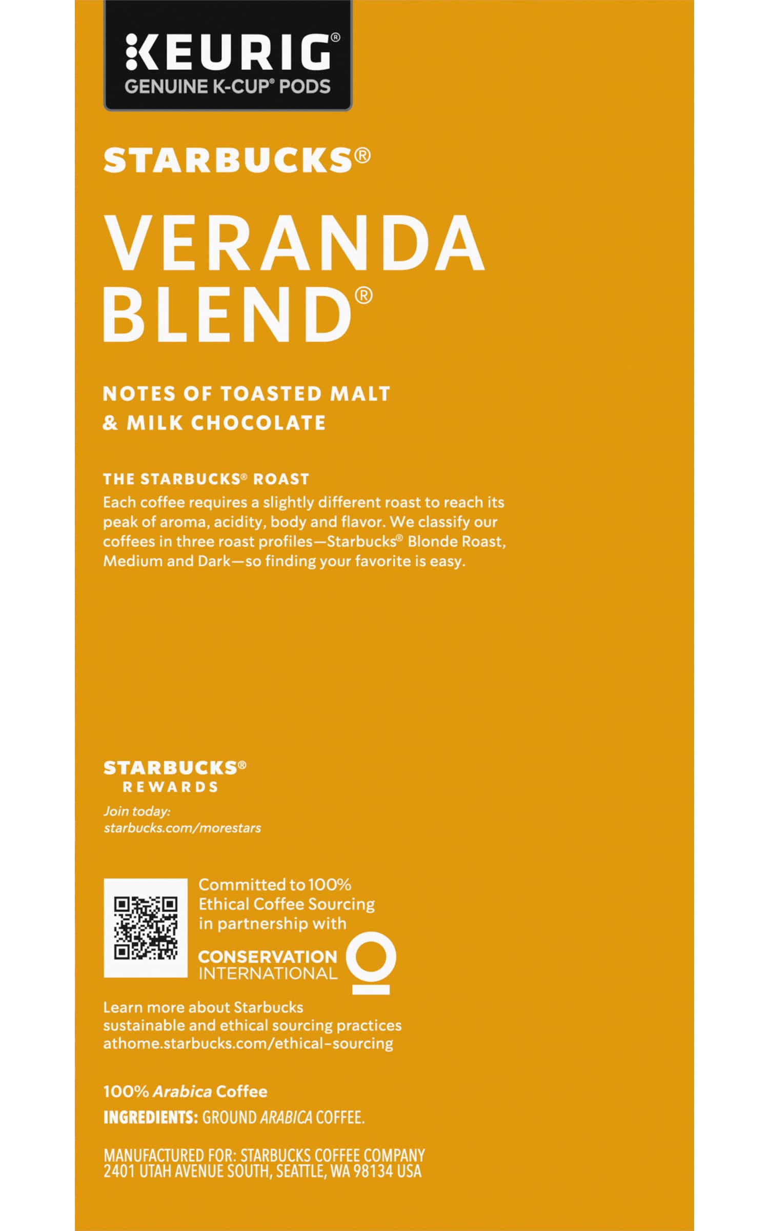 Starbucks K-Cup Coffee Pods, Starbucks Blonde Roast Hot or Iced Coffee, Veranda Blend, 96 Keurig Pods