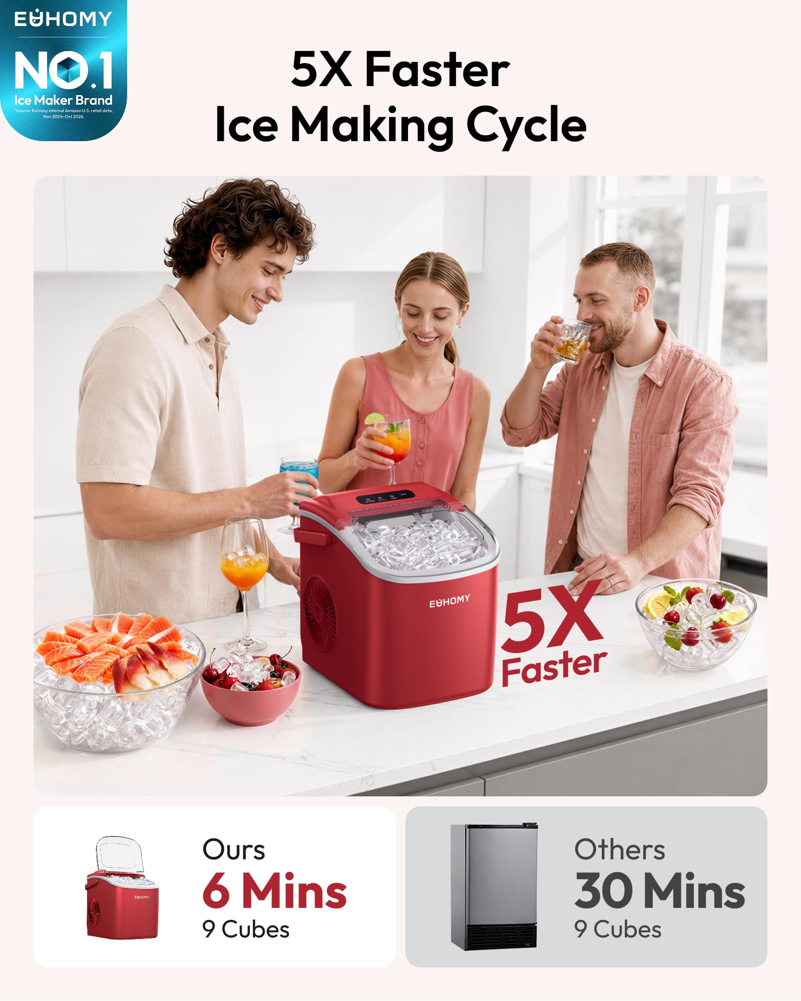 EUHOMY Countertop Ice Maker Machine with Handle, 26lbs in 24Hrs, 9 Ice Cubes Ready in 6 Mins, Auto-Cleaning Portable Ice Maker with Basket and Scoop, for Home/Kitchen/Camping/RV. (Black)