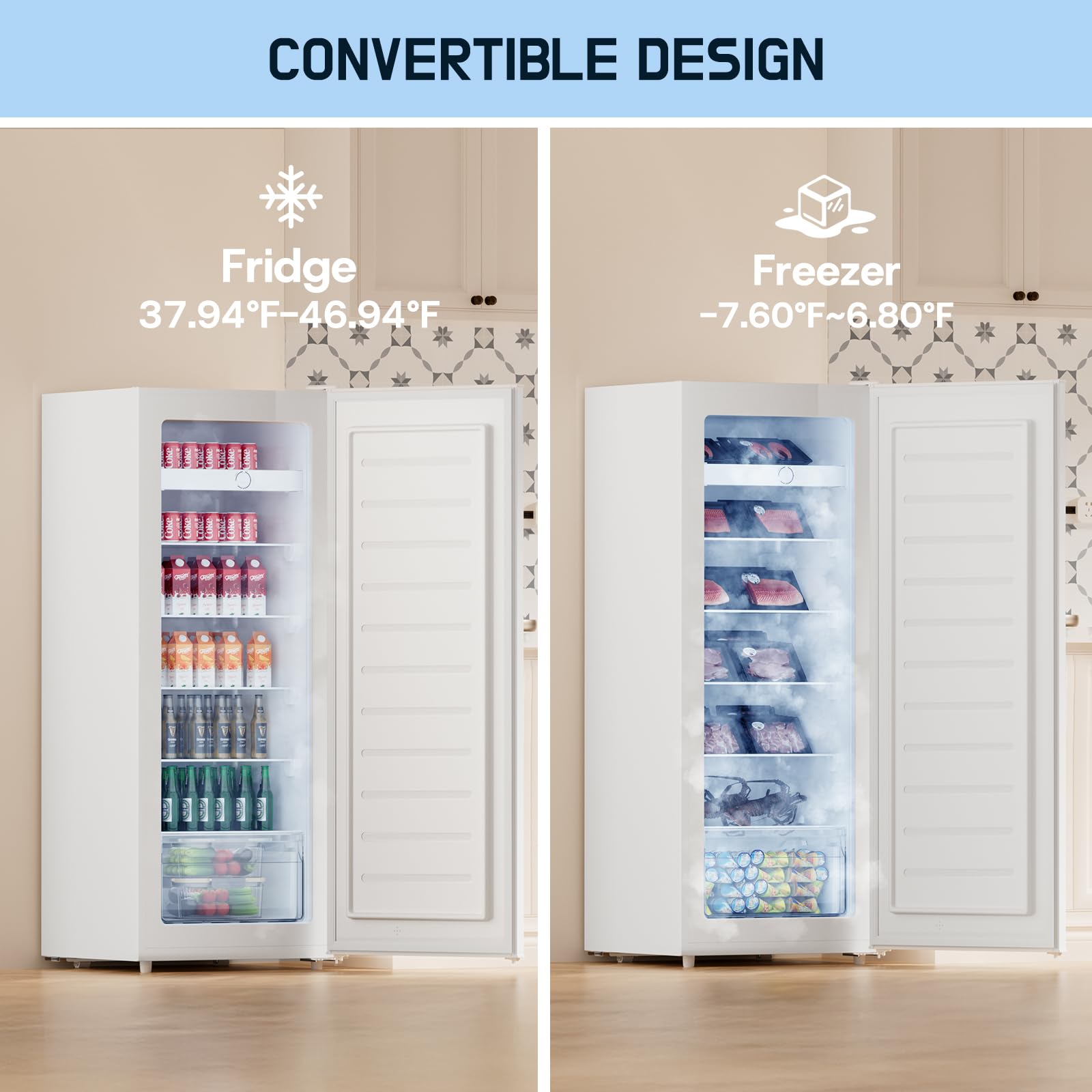 Upstreman 7.0 Cu.Ft Upright Freezer, Large Capacity Stand Up Freezer with 5 Adjustable Shelves, Convertible Refrigerator/Freezer, Reversible Door for Home, Basement, Apartment (White)