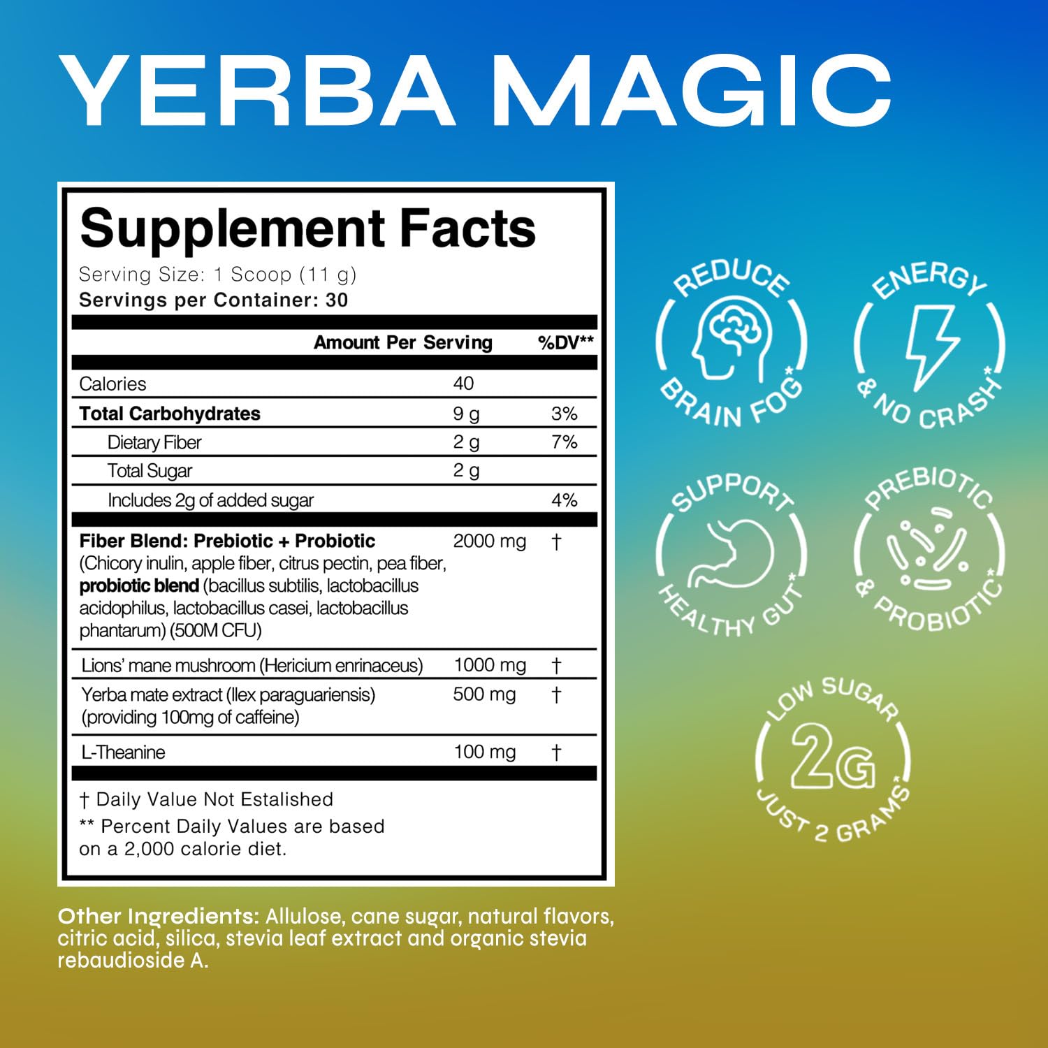 Yerba Magic – Yerba Mate Tea Instant Powder Super Drink with Nootropics, Prebiotics & Probiotics – Clean Energy, Mental Clarity & Gut Wellness | Low Sugar, Natural Caffeine – Peach Mango, 30 Servings