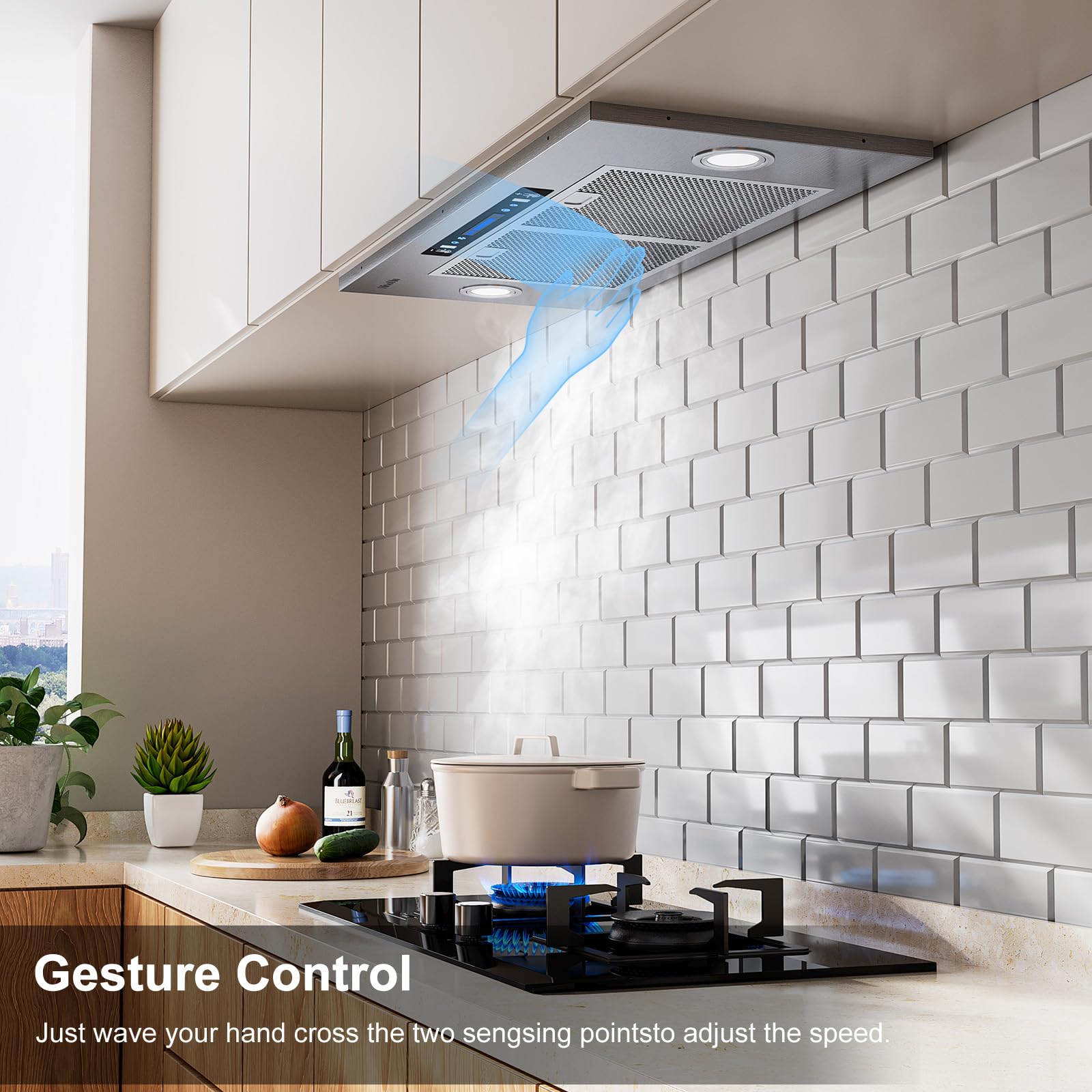 HisoHu 30 Inch Under Ducted Cabinet Range Hood with 1200 CFM, 4 Speed Gesture Sensing Kitchen Exhaust Hood & Touch Control Panel, Stainless Steel Stove Vent Hood with 2 LED Lights