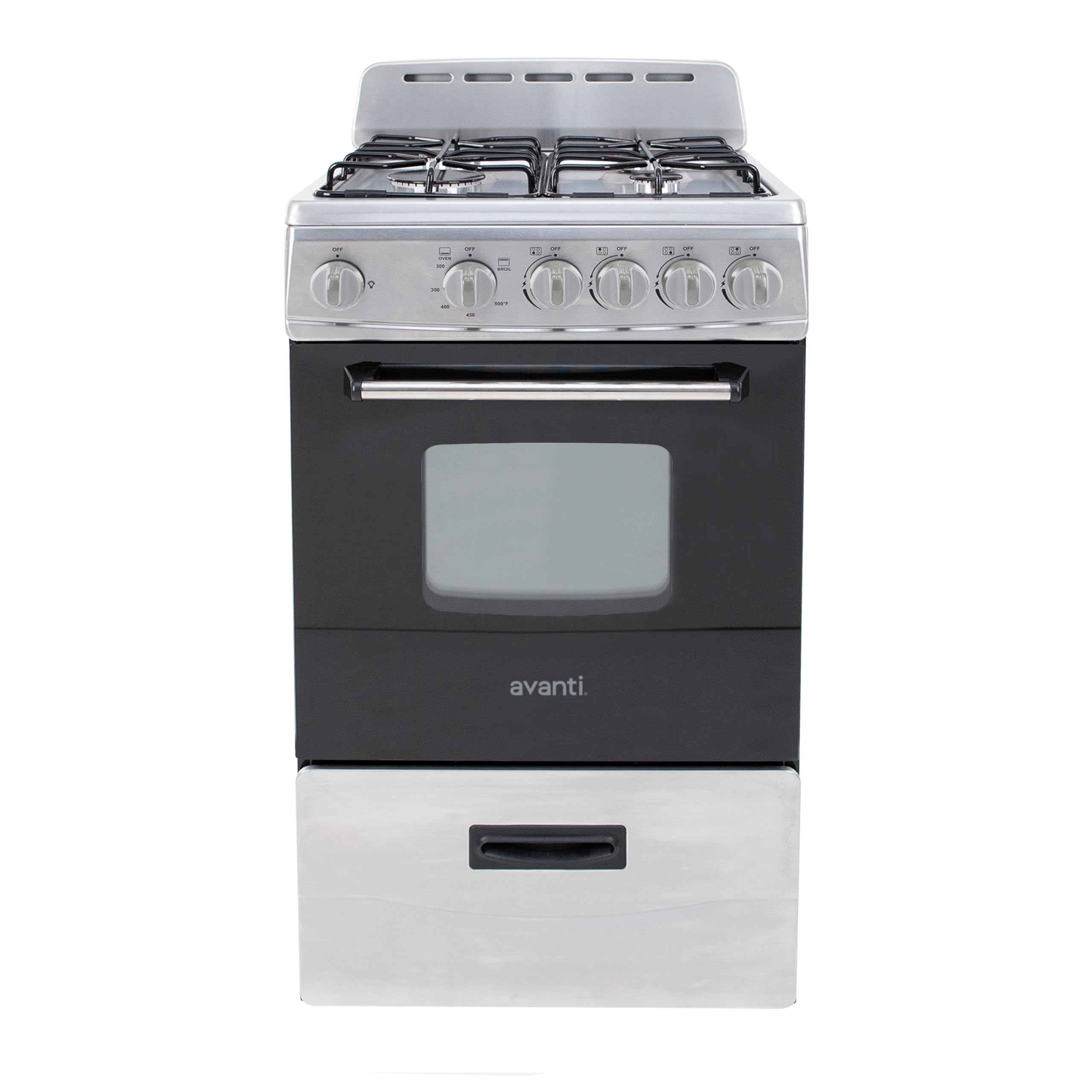 Avanti Gas Range Oven, Compact Freestanding Design, 4 Sealed Burners with Electronic Ignition, 2.1 Cu.Ft. Capacity Features Framed Glass Door Storage Drawer Broiler and Accessories, 20-Inch, White