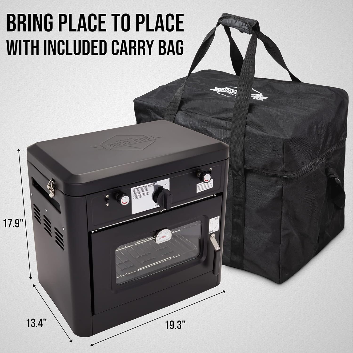 Hike Crew Outdoor Gas Camping Oven w/Carry Bag | CSA Approved Portable Propane-Powered 2-Burner Stove & Oven | Auto Ignition, Overheat Safety Shutoff, Built-In Thermometer | Hose & Regulator Included
