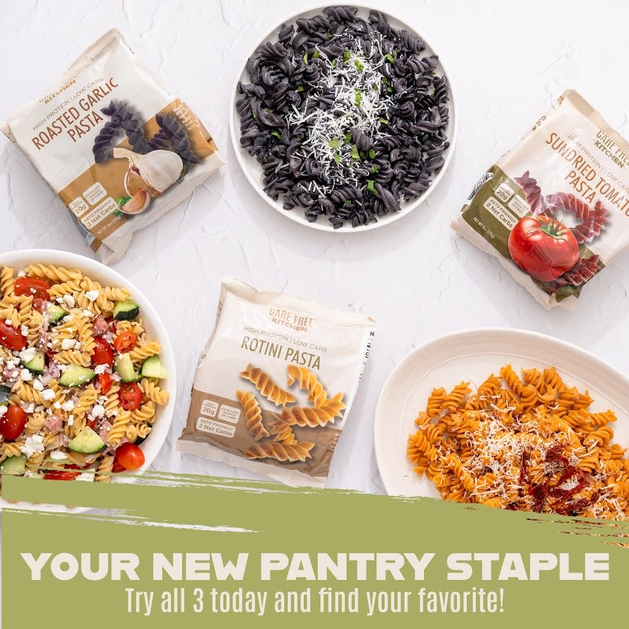 Care Free Kitchen Plain 3-Pack (8 oz. Bags) Rotini Keto Pasta Noodles, 20g High Protein, Low Carb 2g Net Carbs, 26g High Fiber