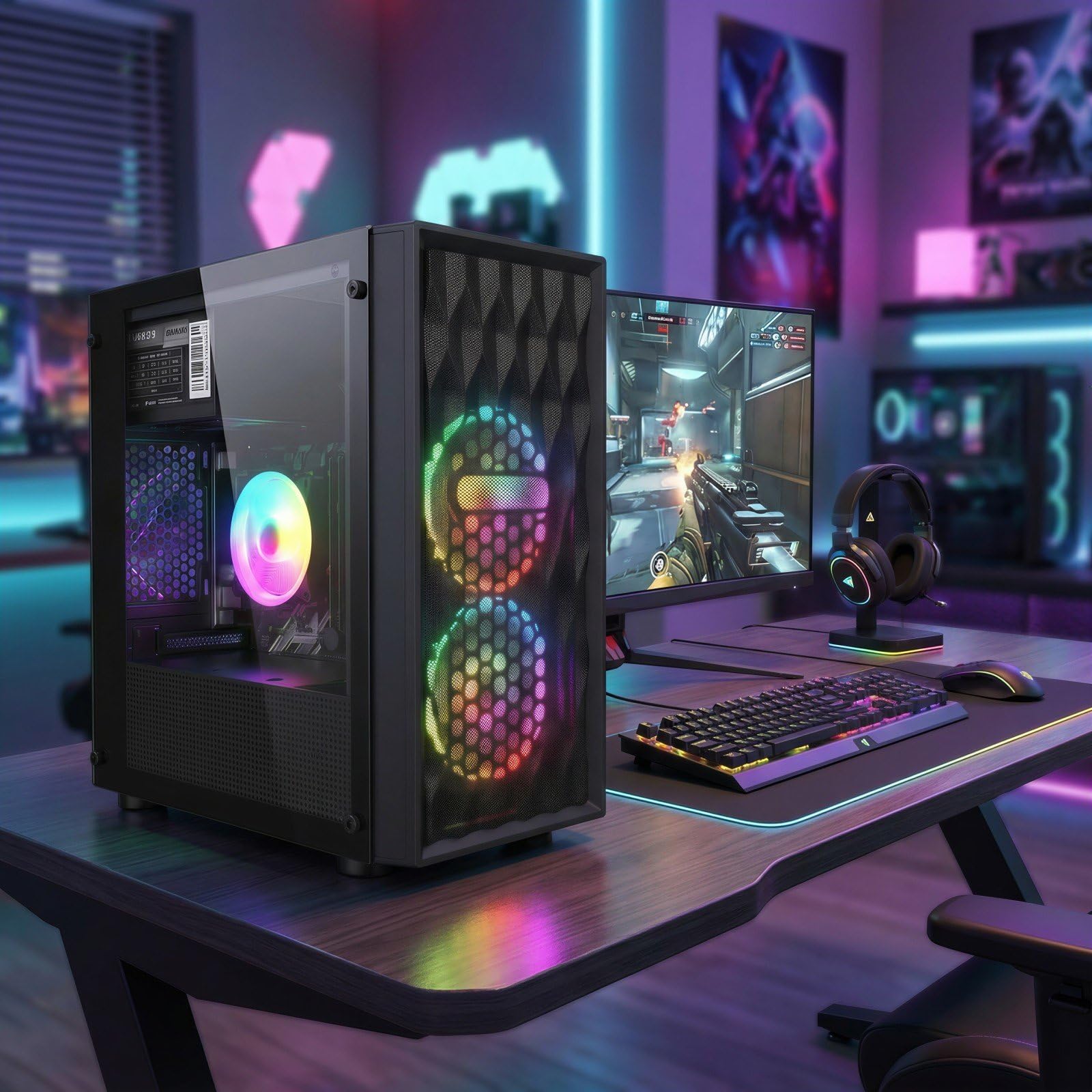 STGAubron Gaming PC Desktop Computer, Intel Core i7 up to 3.9GHz, Radeon RX 580 8G, 16G RAM, 512G SSD, WiFi 6, BT 5.0, RGB Fan x4, Windows 11 Home