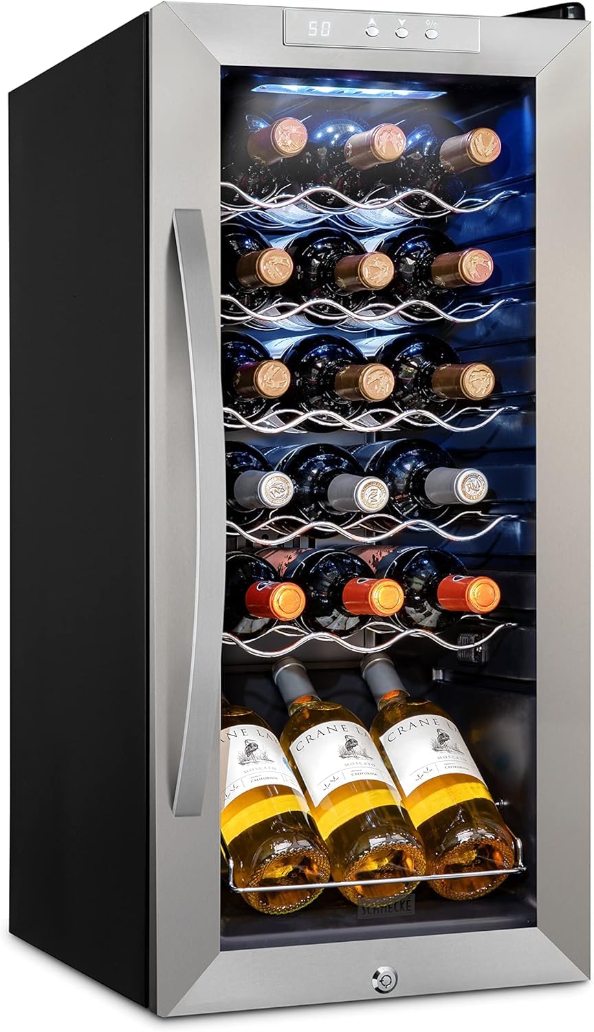 SCHMECKE 28 Bottle Compressor Wine Cooler Refrigerator w/Lock - Large Freestanding Wine Cellar - 41f-64f Digital Temperature Control Wine Fridge For Red, White, Champagne or Sparkling Wine - Black
