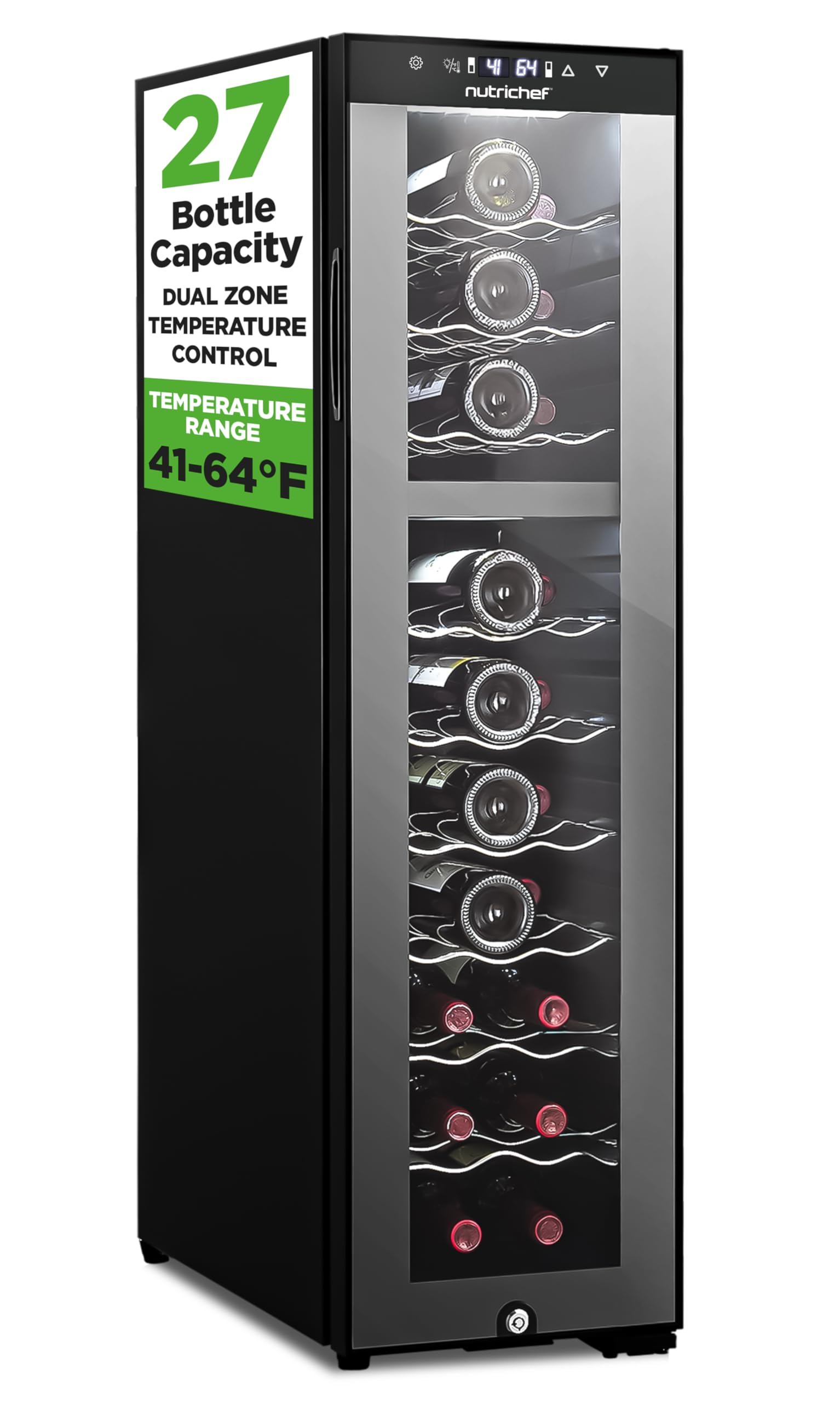 Nutrichef 12 Bottle Stainless Steel Slim Wine Fridge | Red & White Wine Chiller | Adjustable Temperature Control, Ultra Quiet Operation & Energy Efficient | Mini Wine Cooler Refrigerator | 31x10x17 IN