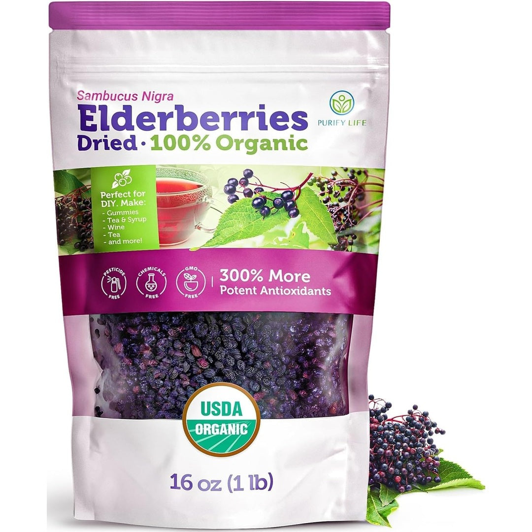 Certified USDA - 100% Organic Dried Elderberries - 1lb Bulk - Non-Irradiated, Non-Gmo, Whole Black Elderberry Immune Support For Making Elder Syrup, Gummies, Tea - Raw Vegan Sambucus 1 Pound