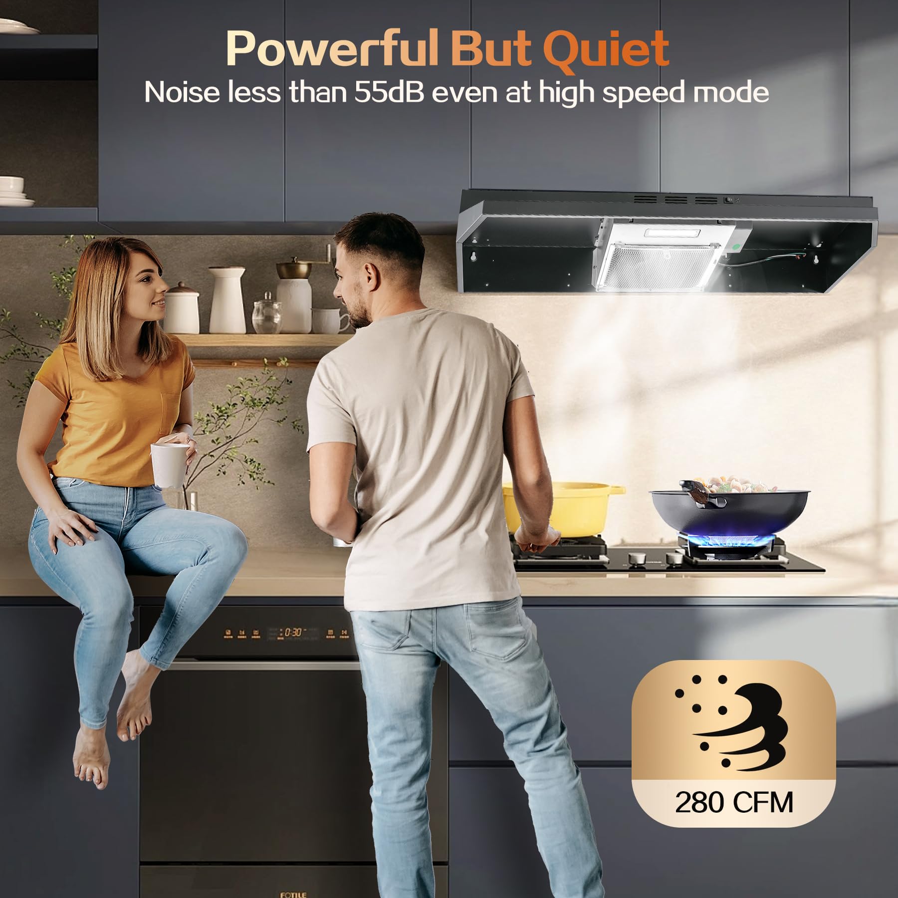Range Hood 30 inch Under Cabinet, Stainless Steel Kitchen Vent Hood 280CFM, Built-in Kitchen Stove Hood w/Rocker Button Control, Ducted/Ductless Convertible Duct, 2 Speeds Fan, Bright LED Light