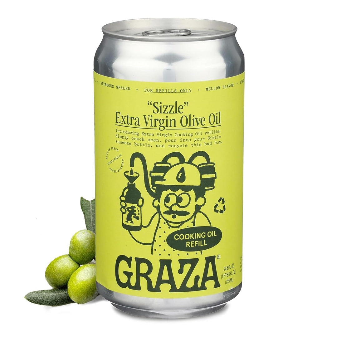 Graza Sizzle Extra Virgin Olive Oil, Cooking Oil - High Polyphenol Peak Harvest EVOO Cooking Oil in a Squeeze Bottle - Single Farm Olives from Spain - 25.3 Fl Oz (750ml) Refill Can