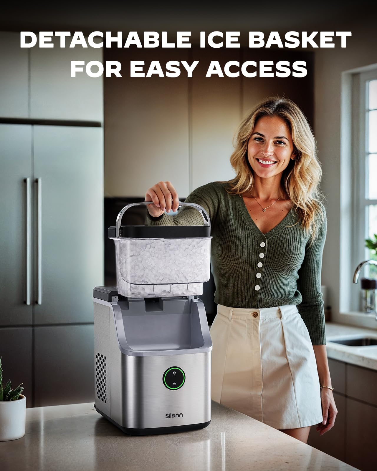 Silonn Ice Maker Countertop, Portable Ice Machine with Carry Handle, Self-Cleaning Ice Makers with Basket and Scoop, 9 Cubes in 6 Mins, 26 lbs per Day, Ideal for Home, Kitchen, Camping, RV