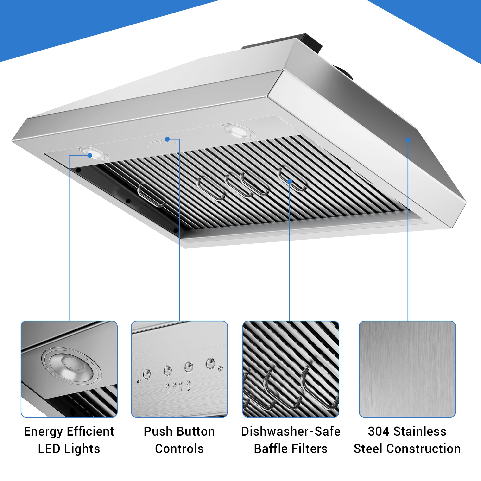 CT Copper Tailor Built-in Range Hood Insert Vent 48 Inch, 1150 CFM with 4-Speed Fan, LED Light, Dishwasher-safe Baffle Filter,Stainless Steel