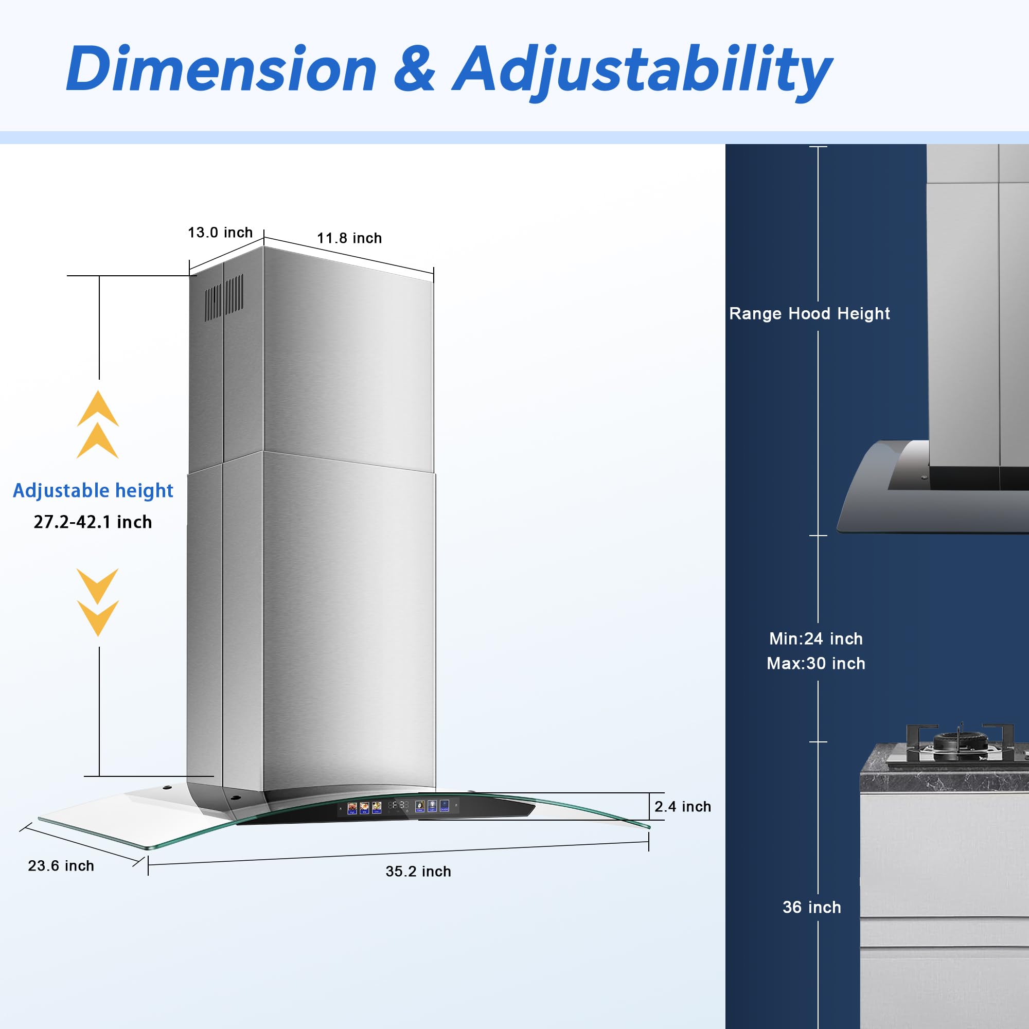 JOEAONZ Island Range Hood 30 Inch 700 CFM Gesture & Touch Control Ceiling Mount Stainless Steel Kitchen Vent Hood, Kitchen Exhaust Hood, Ducted/Ductless Convertible 3-speed Ventilation Fan Switchable