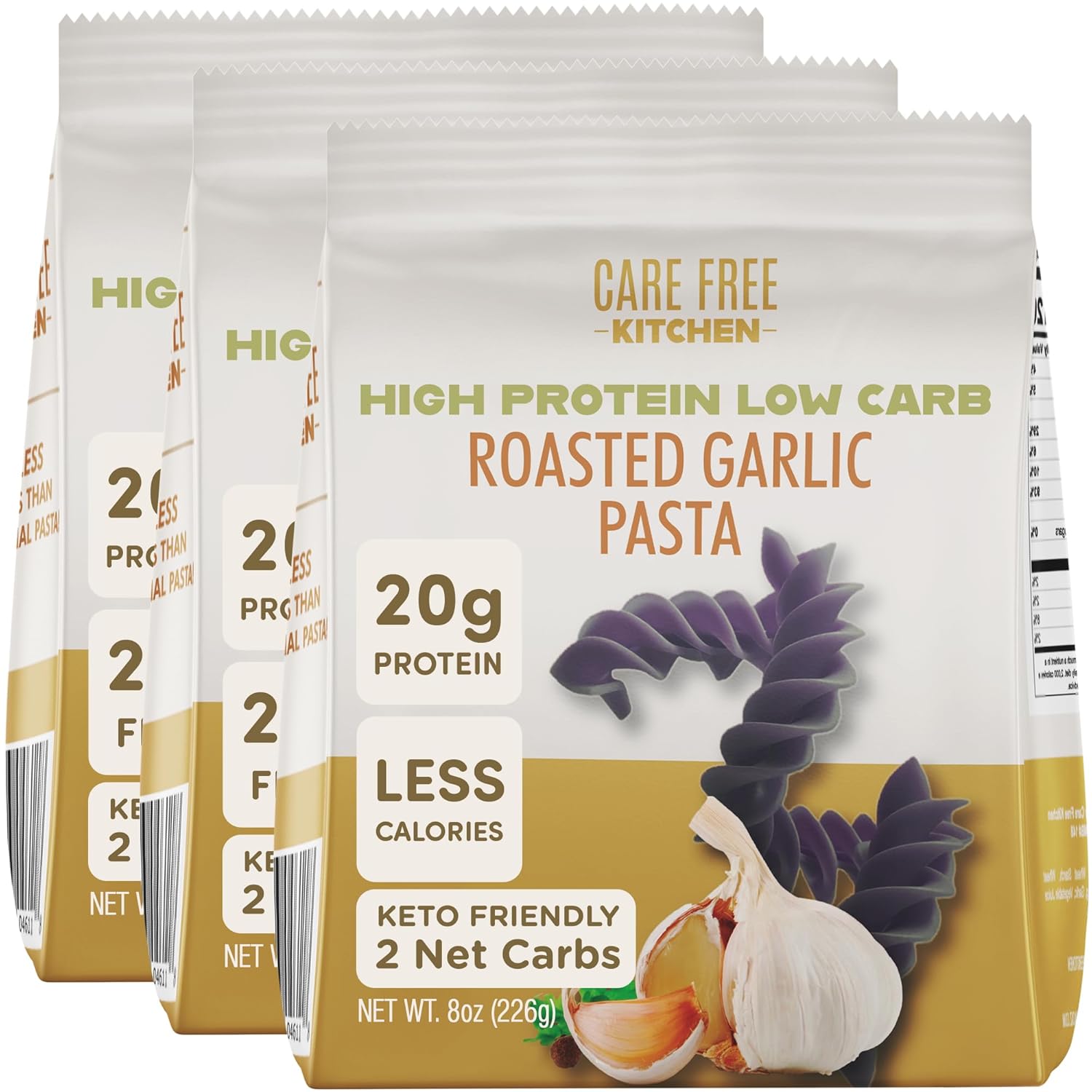 Care Free Kitchen Plain 3-Pack (8 oz. Bags) Rotini Keto Pasta Noodles, 20g High Protein, Low Carb 2g Net Carbs, 26g High Fiber