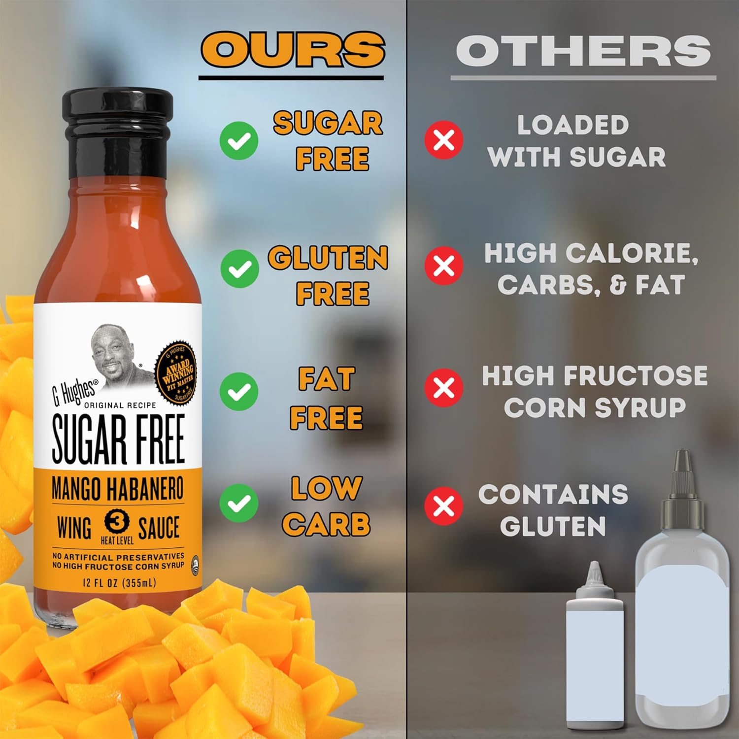 G Hughes Sugar Free, Mango Habanero Wing Sauce - Gluten Free Hot Sauce, Sugar Free Sauces, Habanero Hot Sauce, BBQ Sauces, No High Fructose, No Sugar - 12 Oz. (3-Pack)