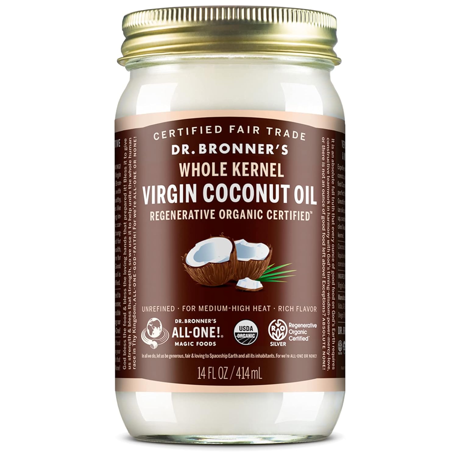 Dr. Bronner's - Organic Virgin Coconut Oil (Whole Kernel, 30 Ounce) - Coconut Oil for Cooking, Baking, Hair and Body, Unrefined and Fresh-Pressed, Rich and Nutty Flavor, Fair Trade, Vegan, Non-GMO
