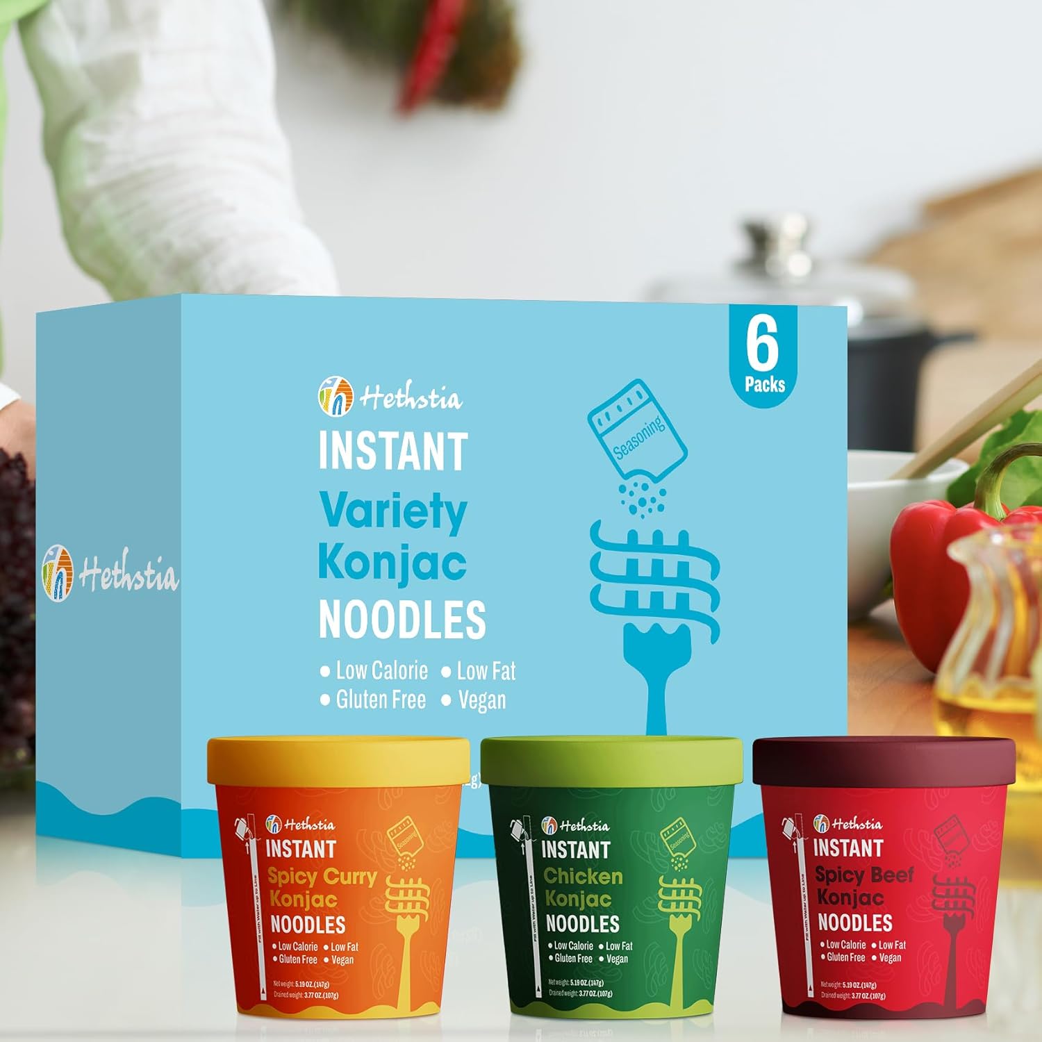 Hethstia Konjac Noodle, 6-Pack Pre-cooked Low Carb Shirataki Pho Soup Variety Flavor (Chicken, Spicy Curry, Spicy Beef)- Low-Calorie, Sugar-Free, Vegan, Gluten-Free, 34.32oz Keto-Friendly Asian Meal