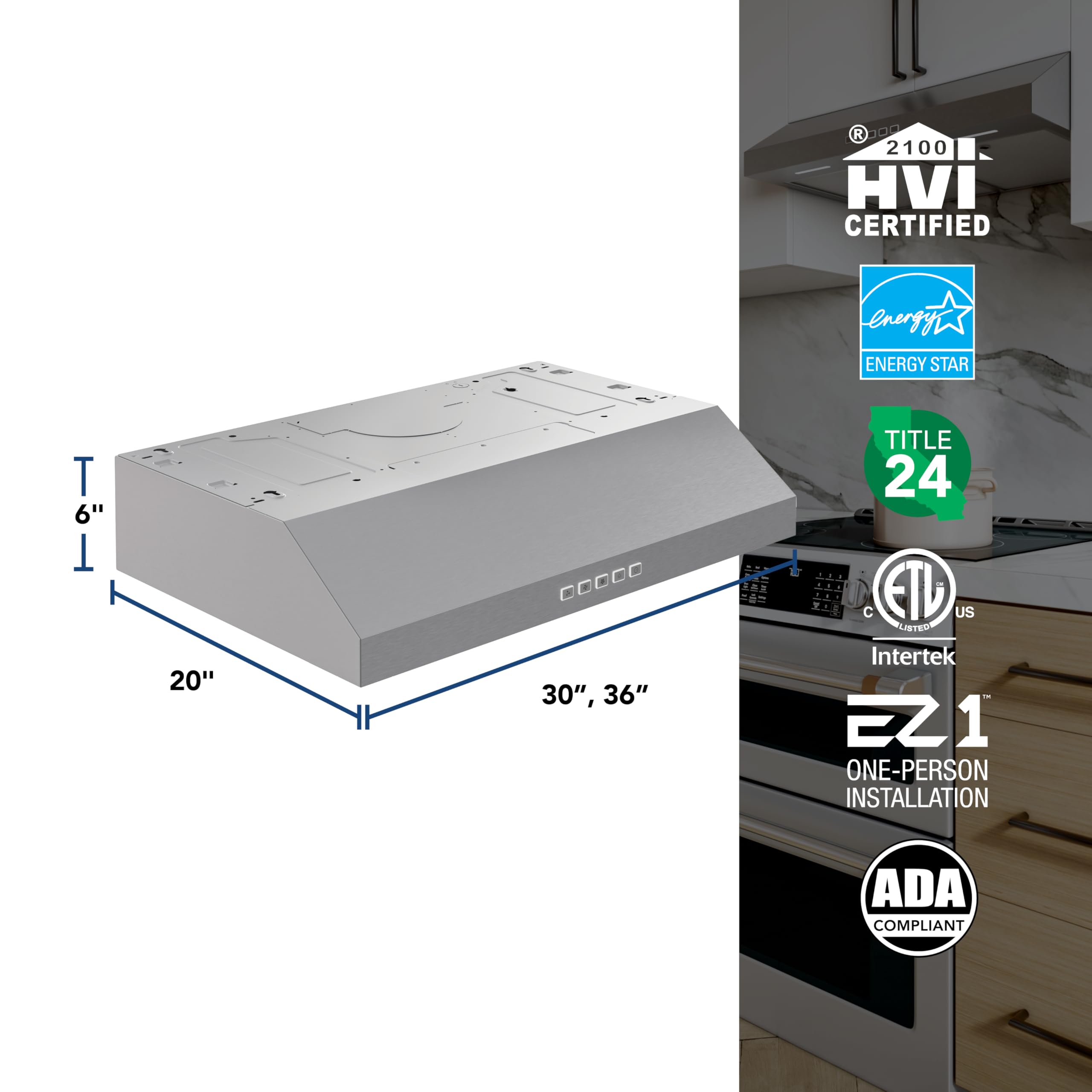 Broan-NuTone BCSQ130SS Three-Speed Glacier Under-Cabinet Range Hood with LED Lights ADA Capable, 1.5 Sones, 375 Max Blower CFM, 30-Inch, Stainless Steel